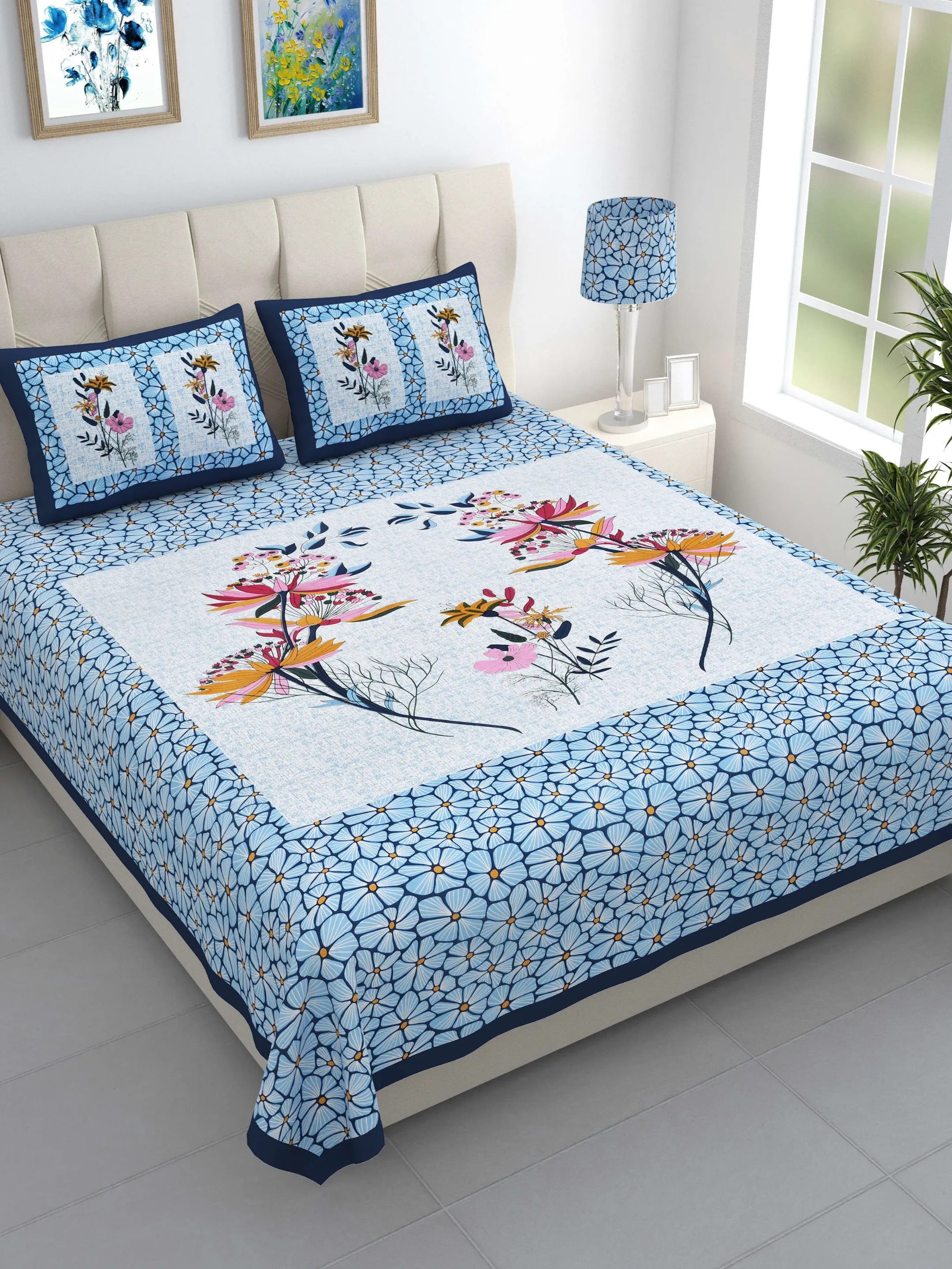 LIVING ROOTS Jaipuri Hand Block Print Double King Cotton Bedsheet 86*104 Inches (7.1*8.6 Feet) With 2 Pillow Cover | 220 TC | Rich Fast Colour With No Colour Bleeding (489-C) (Sky Blue)