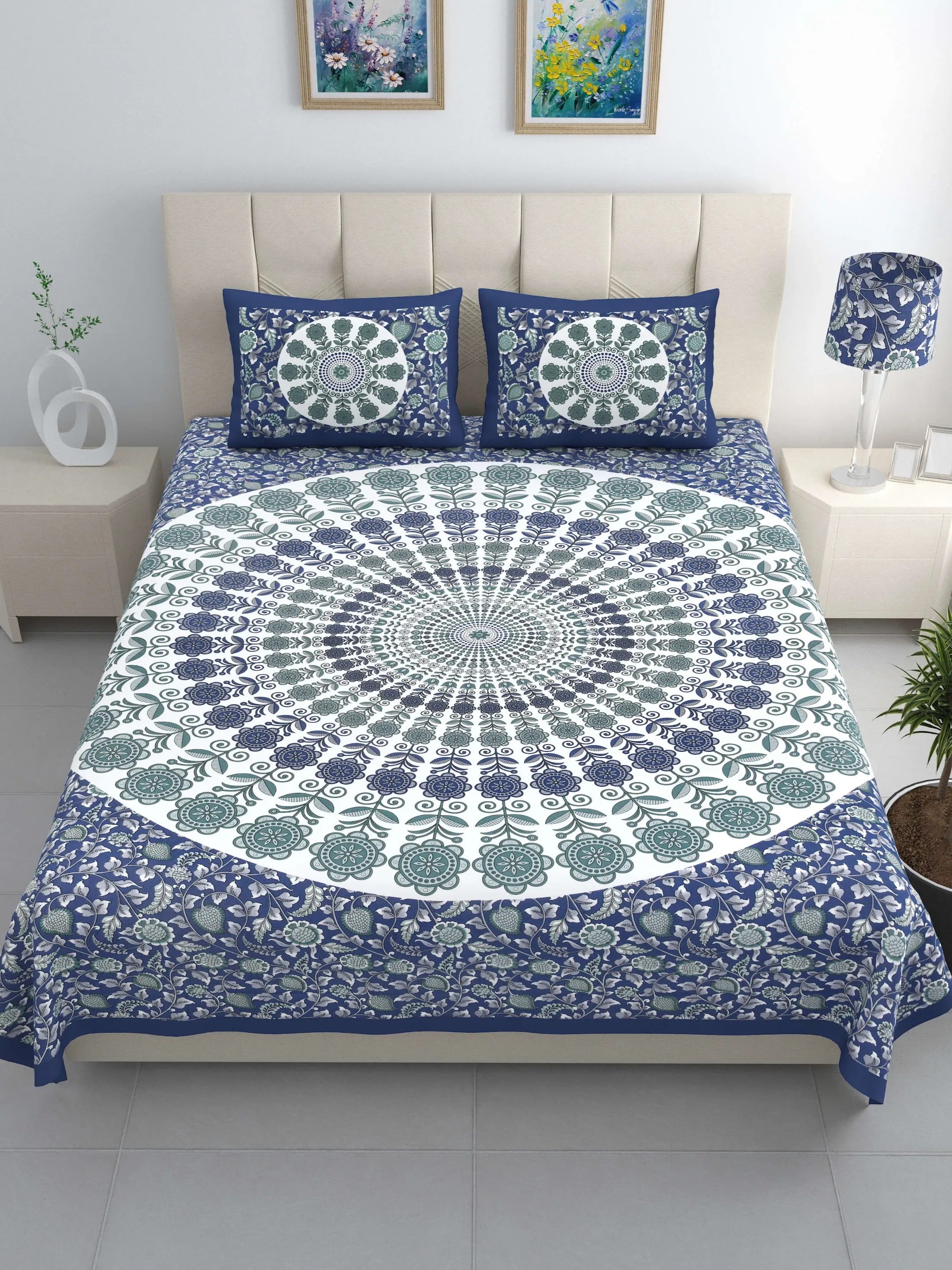 LIVING ROOTS Jaipuri Hand Block Print Double King Cotton Bedsheet 86*104 Inches (7.1*8.6 Feet) With 2 Pillow Cover | 220 TC | Rich Fast Colour With No Colour Bleeding (490-A) (Blue)