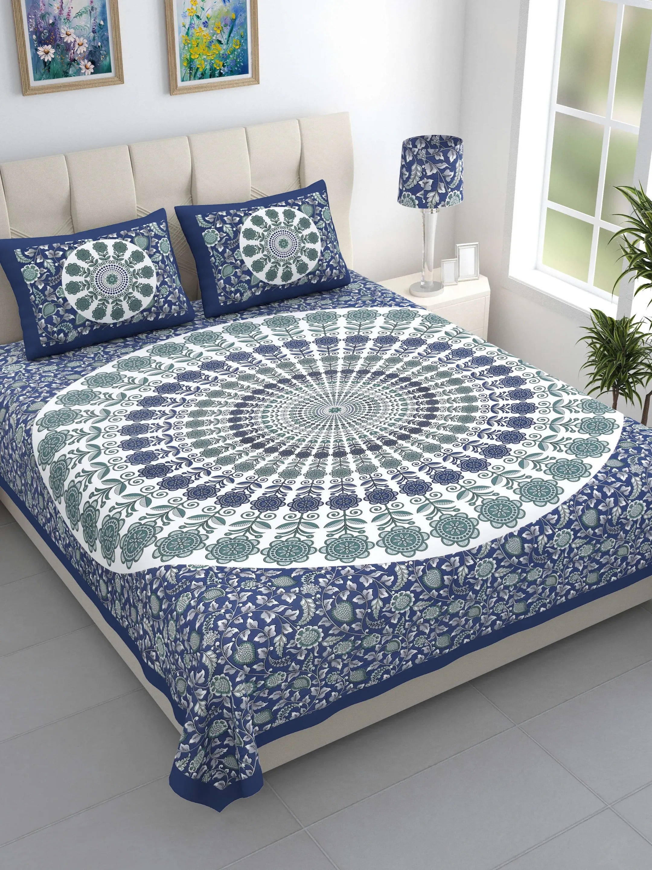 LIVING ROOTS Jaipuri Hand Block Print Double King Cotton Bedsheet 86*104 Inches (7.1*8.6 Feet) With 2 Pillow Cover | 220 TC | Rich Fast Colour With No Colour Bleeding (490-A) (Blue)
