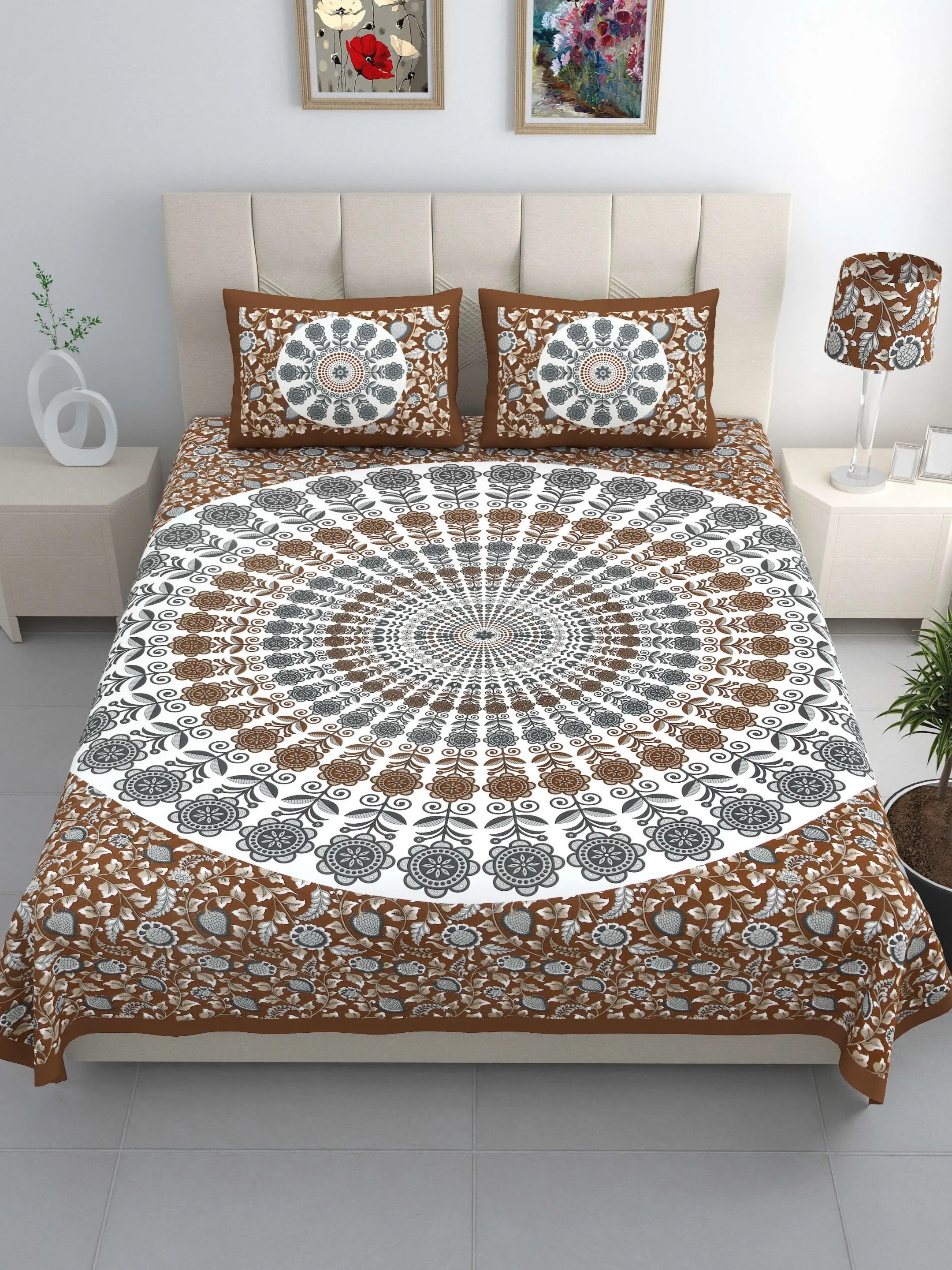 LIVING ROOTS Jaipuri Hand Block Print Double King Cotton Bedsheet 86*104 Inches (7.1*8.6 Feet) With 2 Pillow Cover | 220 TC | Rich Fast Colour With No Colour Bleeding (490-B) (Brown)