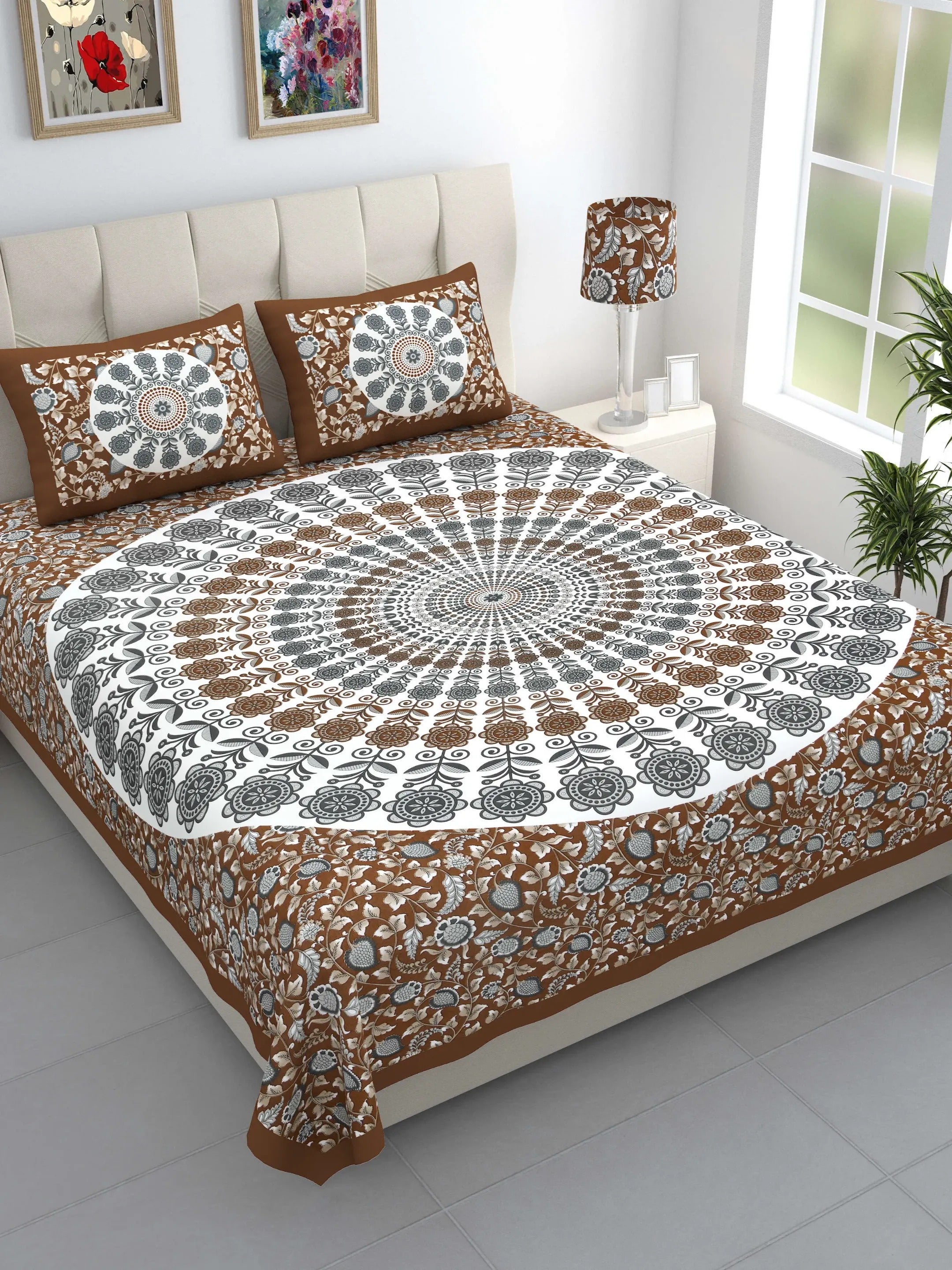 LIVING ROOTS Jaipuri Hand Block Print Double King Cotton Bedsheet 86*104 Inches (7.1*8.6 Feet) With 2 Pillow Cover | 220 TC | Rich Fast Colour With No Colour Bleeding (490-B) (Brown)