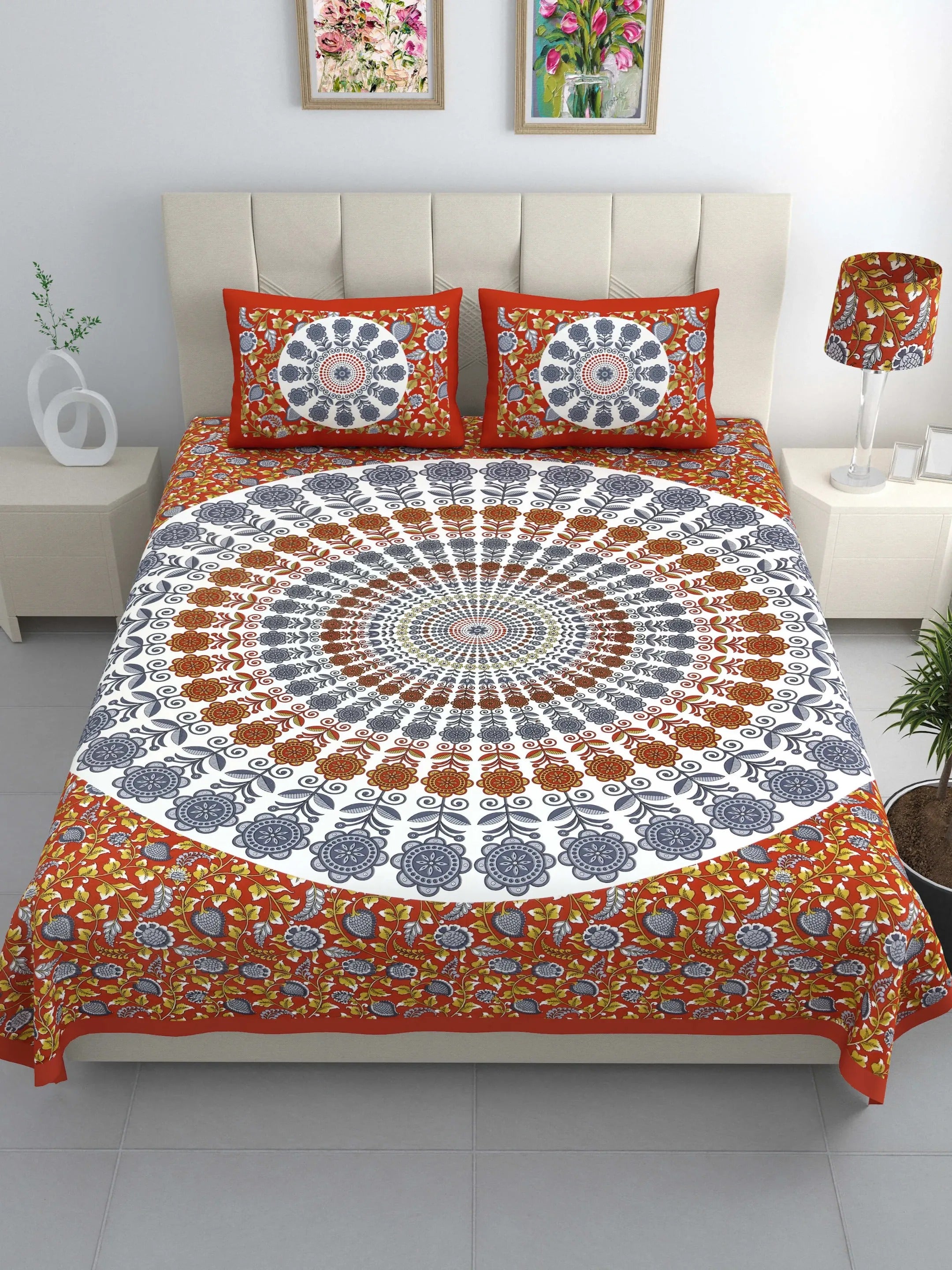 LIVING ROOTS Jaipuri Hand Block Print Double King Cotton Bedsheet 86*104 Inches (7.1*8.6 Feet) With 2 Pillow Cover | 220 TC | Rich Fast Colour With No Colour Bleeding (490-C) (Red)