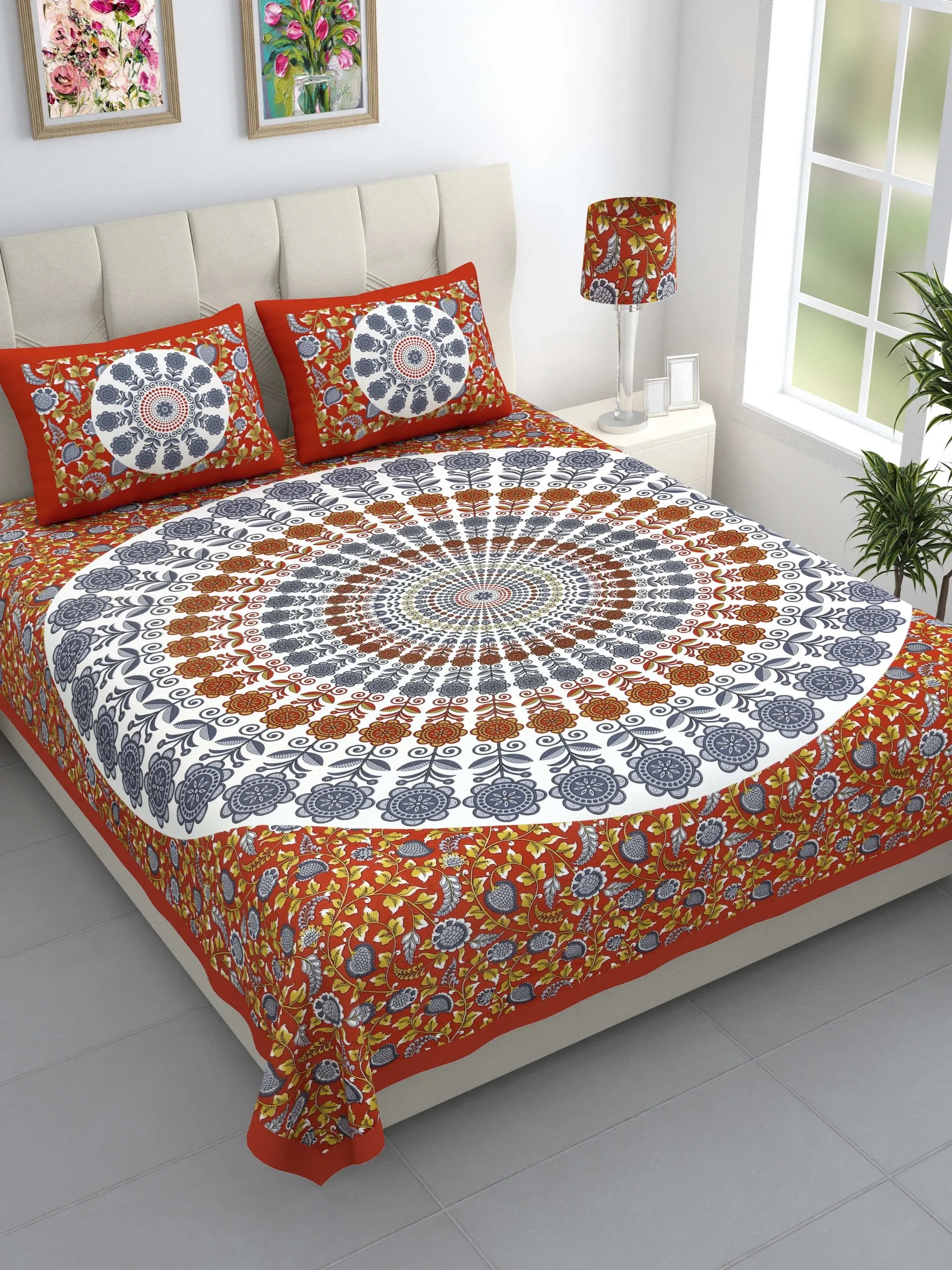 LIVING ROOTS Jaipuri Hand Block Print Double King Cotton Bedsheet 86*104 Inches (7.1*8.6 Feet) With 2 Pillow Cover | 220 TC | Rich Fast Colour With No Colour Bleeding (490-C) (Red)