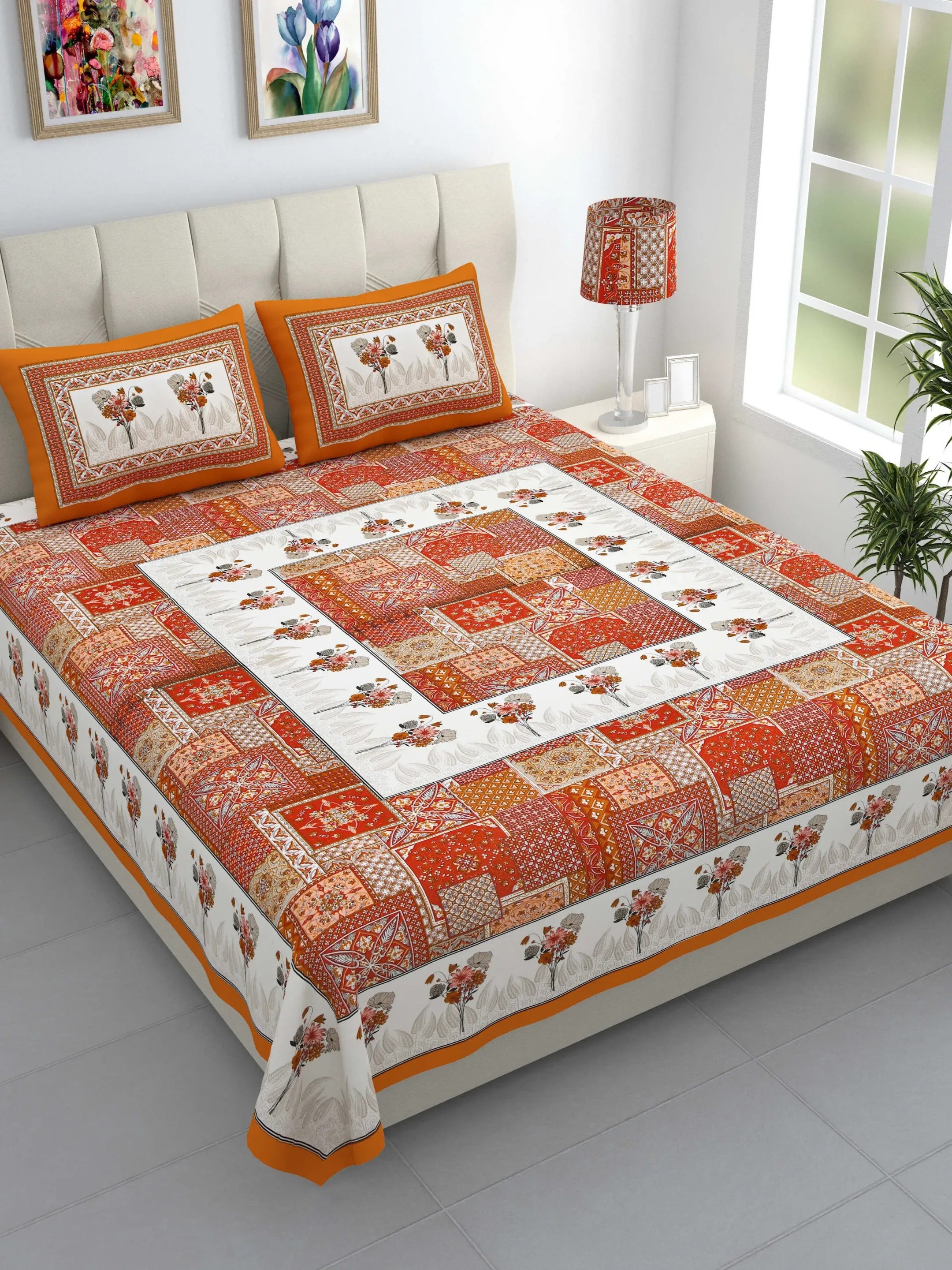 LIVING ROOTS Jaipuri Hand Block Print Double King Bedsheet Cotton Bedsheet 86*104 Inches (7.1*8.6 Feet) With 2 Pillow Cover | 220 TC | Rich Fast Colour With No Colour Bleeding (491-B) (Orange)
