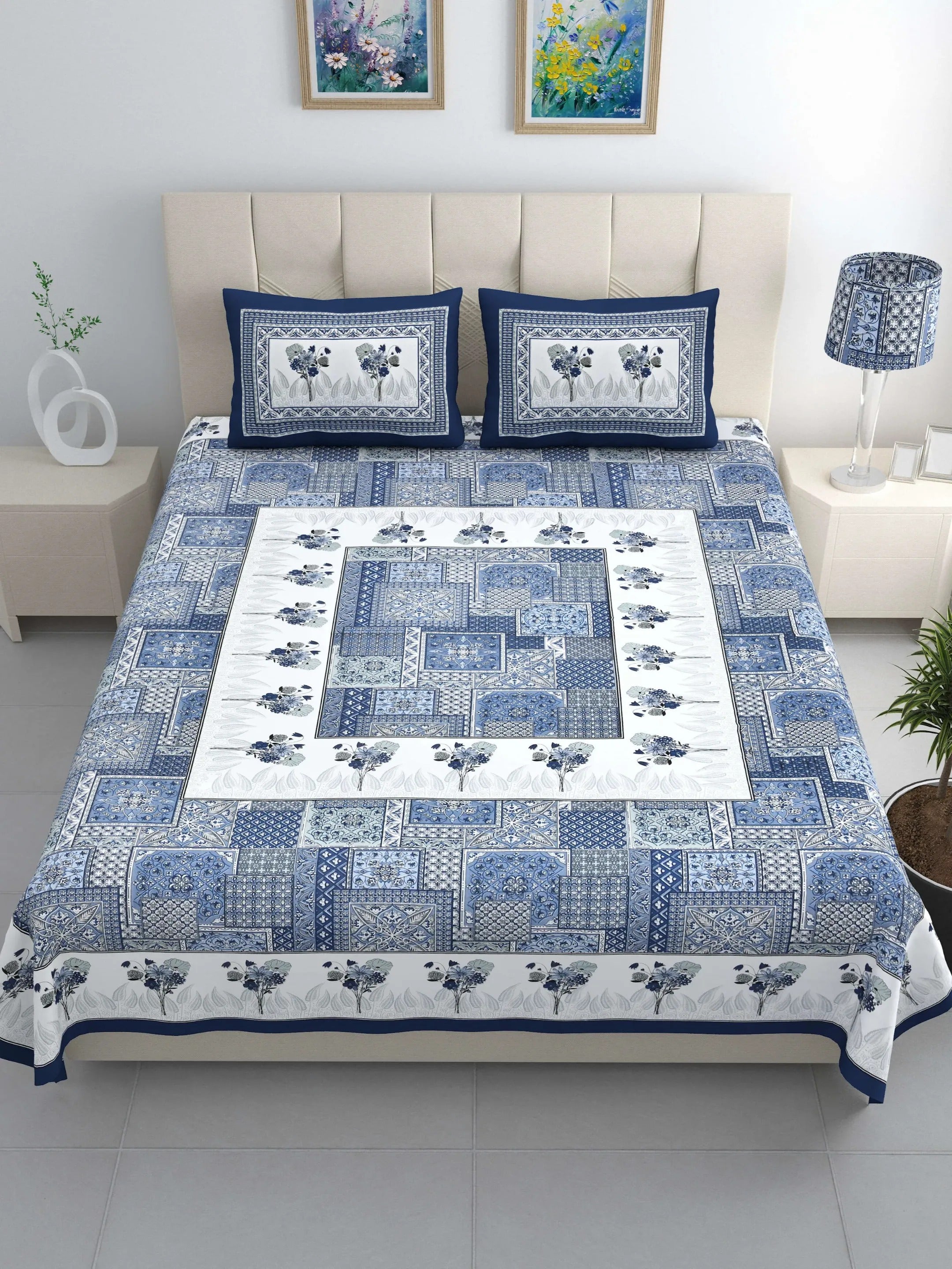LIVING ROOTS Jaipuri Hand Block Print Double King Cotton Bedsheet 86*104 Inches (7.1*8.6 Feet) With 2 Pillow Cover | 220 TC | Rich Fast Colour With No Colour Bleeding (491-A) (Multi)