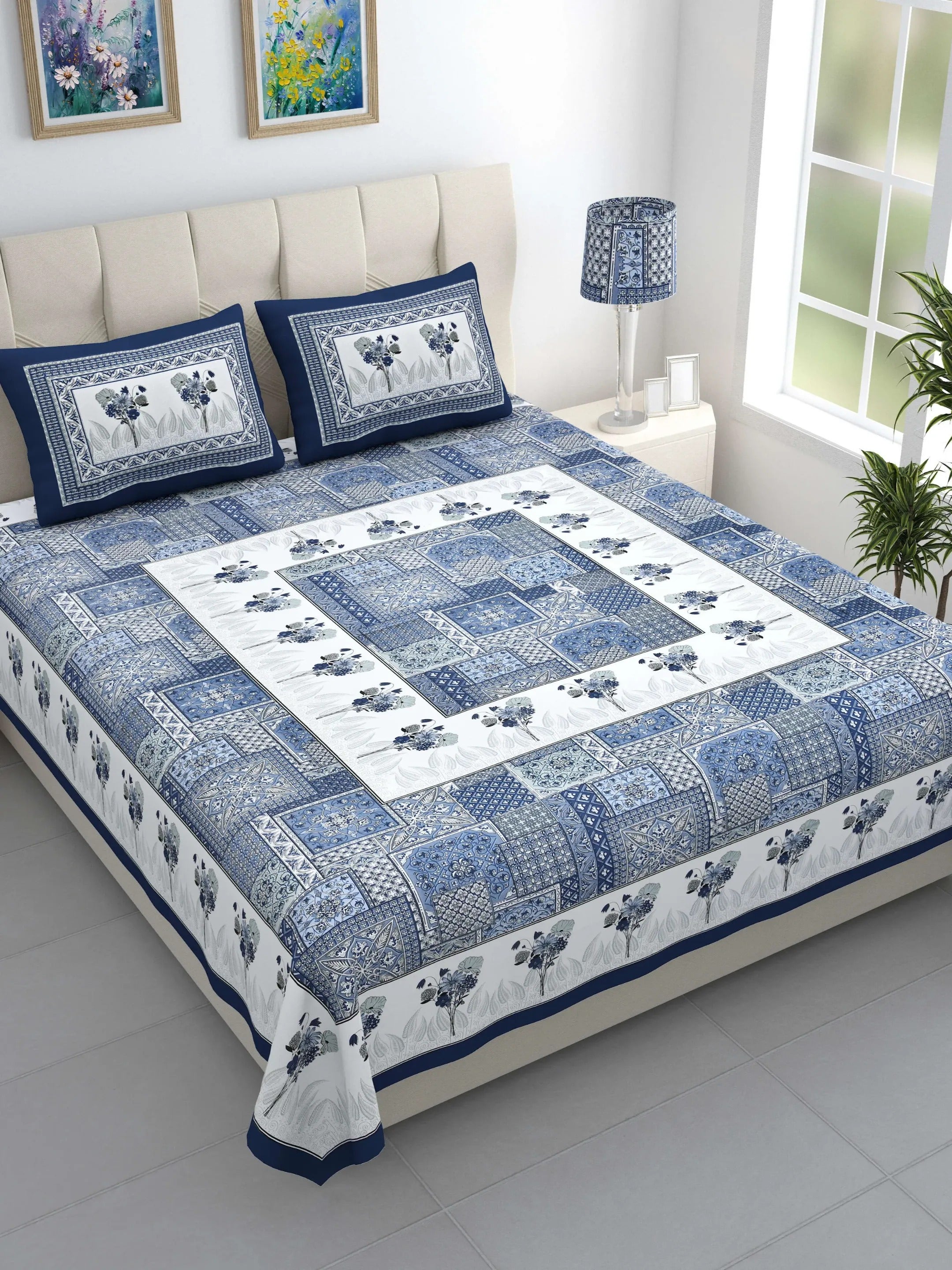 LIVING ROOTS Jaipuri Hand Block Print Double King Cotton Bedsheet 86*104 Inches (7.1*8.6 Feet) With 2 Pillow Cover | 220 TC | Rich Fast Colour With No Colour Bleeding (491-A) (Multi)
