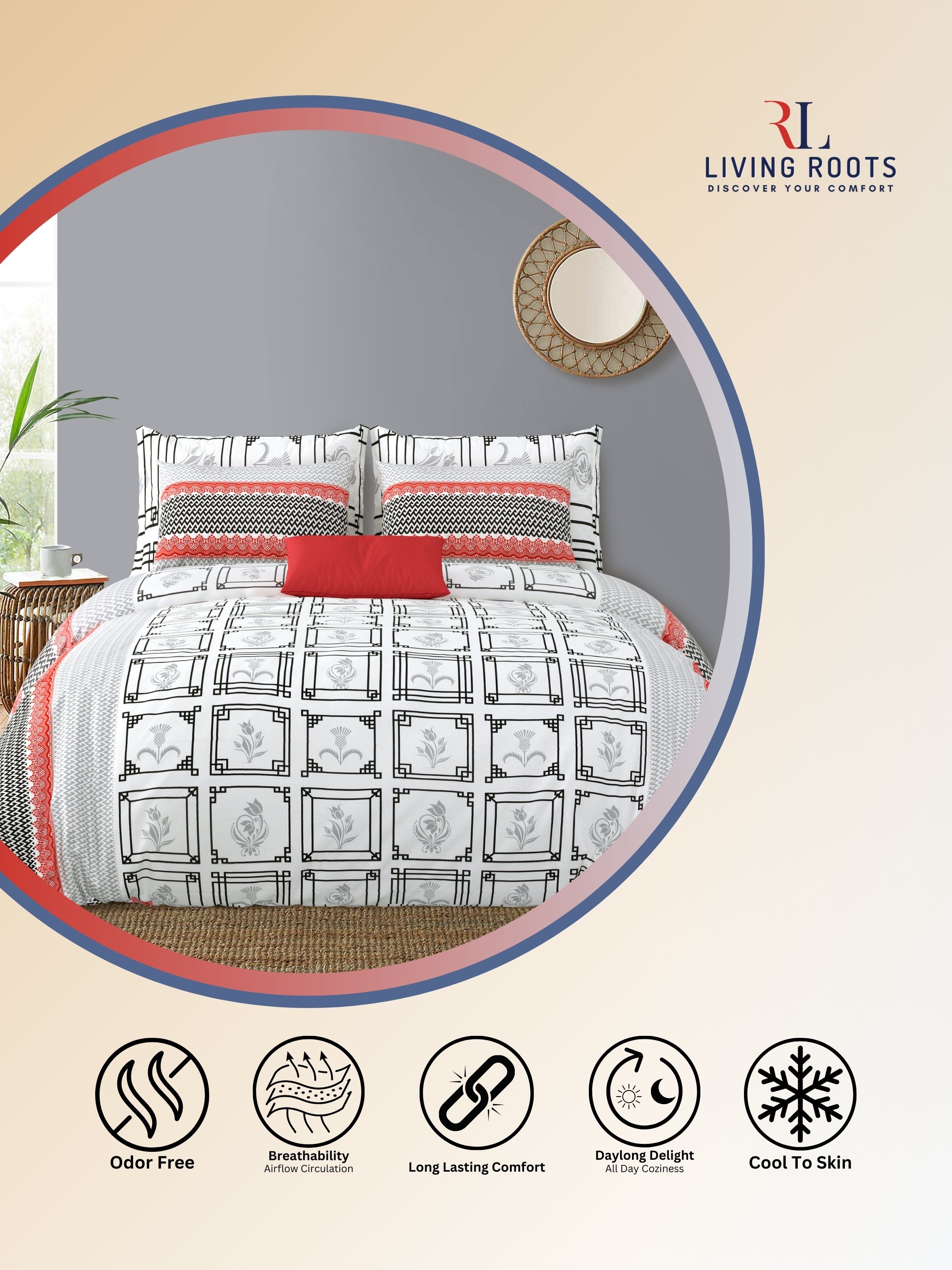 LIVING ROOTS Jaipuri Hand Block Print Double King Cotton Bedsheet 86*104 Inches (7.1*8.6 Feet) With 2 Pillow Cover | 220 TC | Rich Fast Colour With No Colour Bleeding (493-C) (Grey)