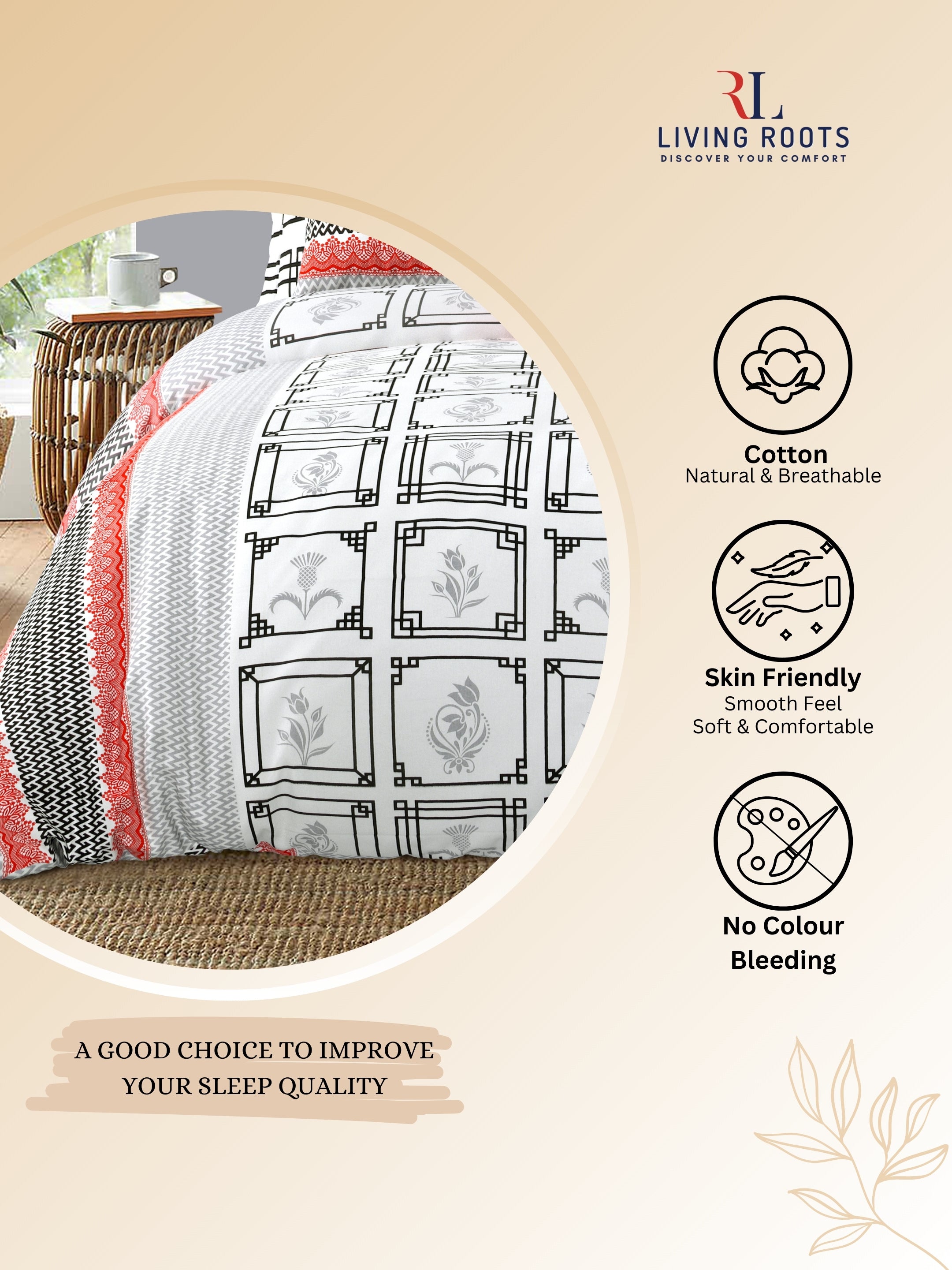 LIVING ROOTS Jaipuri Hand Block Print Double King Cotton Bedsheet 86*104 Inches (7.1*8.6 Feet) With 2 Pillow Cover | 220 TC | Rich Fast Colour With No Colour Bleeding (493-C) (Grey)