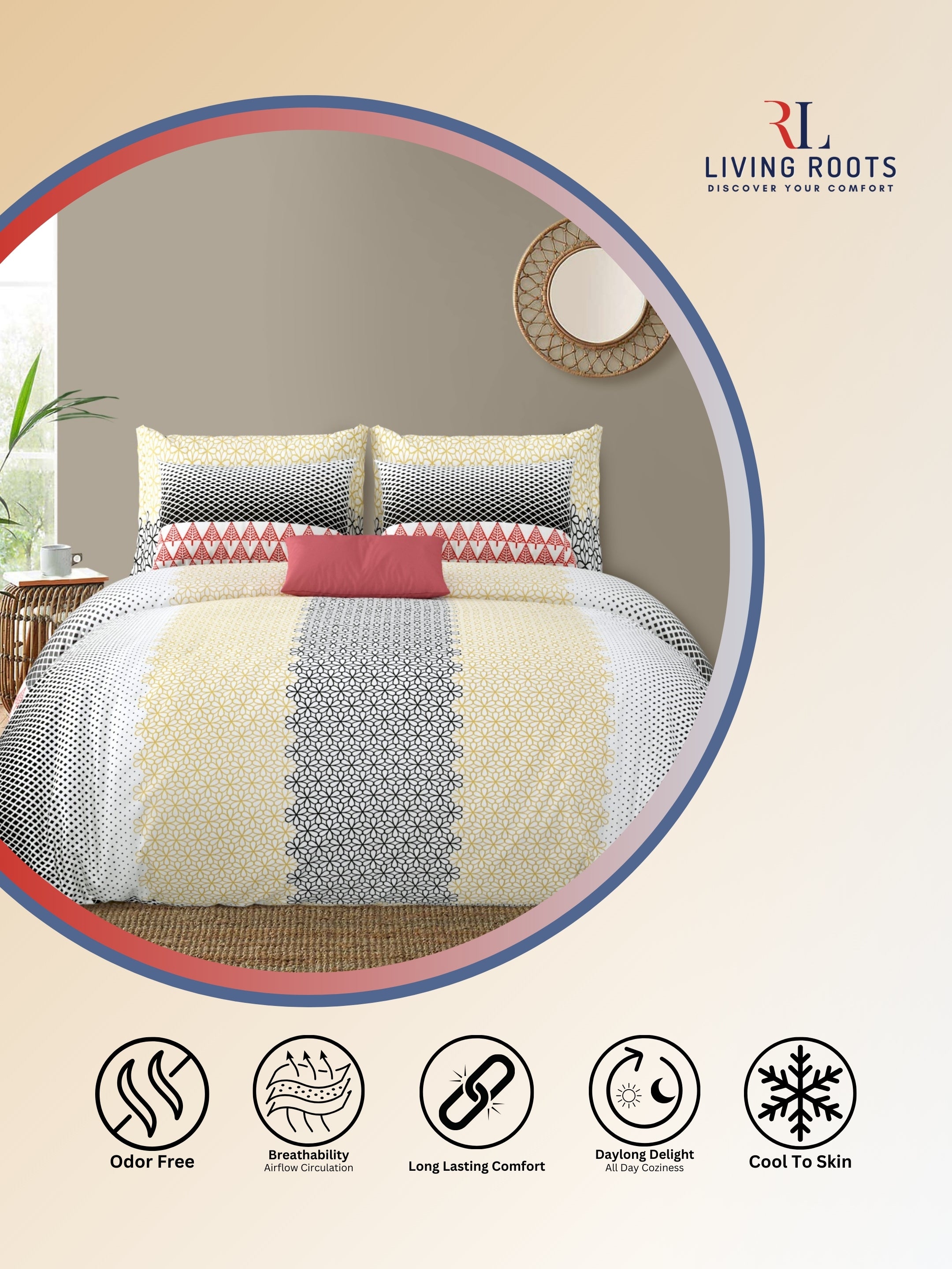 LIVING ROOTS Jaipuri Hand Block Print Double King Cotton Bedsheet 86*104 Inches (7.1*8.6 Feet) With 2 Pillow Cover | 220 TC | Rich Fast Colour With No Colour Bleeding (494-A) (Yellow)