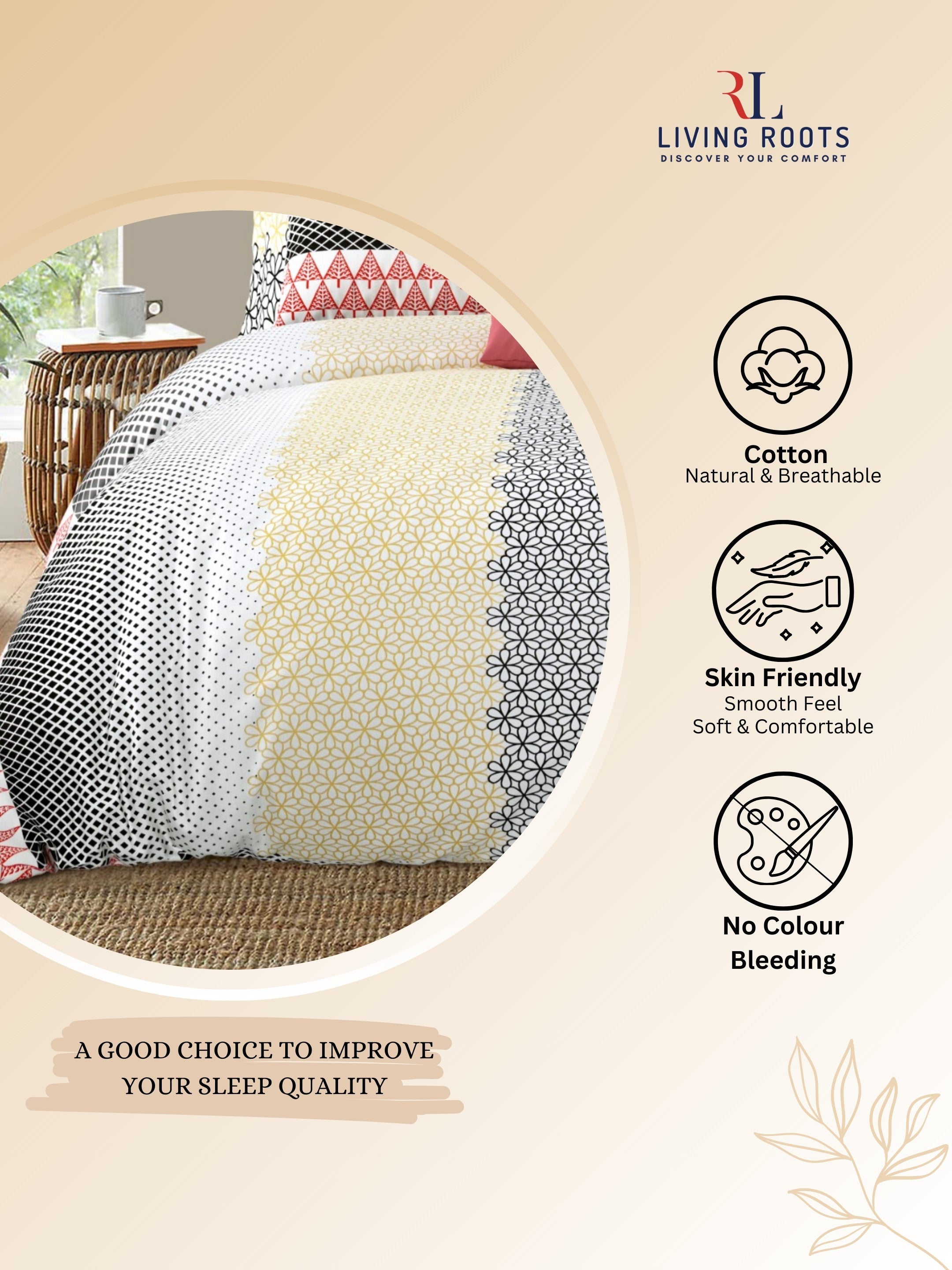LIVING ROOTS Jaipuri Hand Block Print Double King Cotton Bedsheet 86*104 Inches (7.1*8.6 Feet) With 2 Pillow Cover | 220 TC | Rich Fast Colour With No Colour Bleeding (494-A) (Yellow)