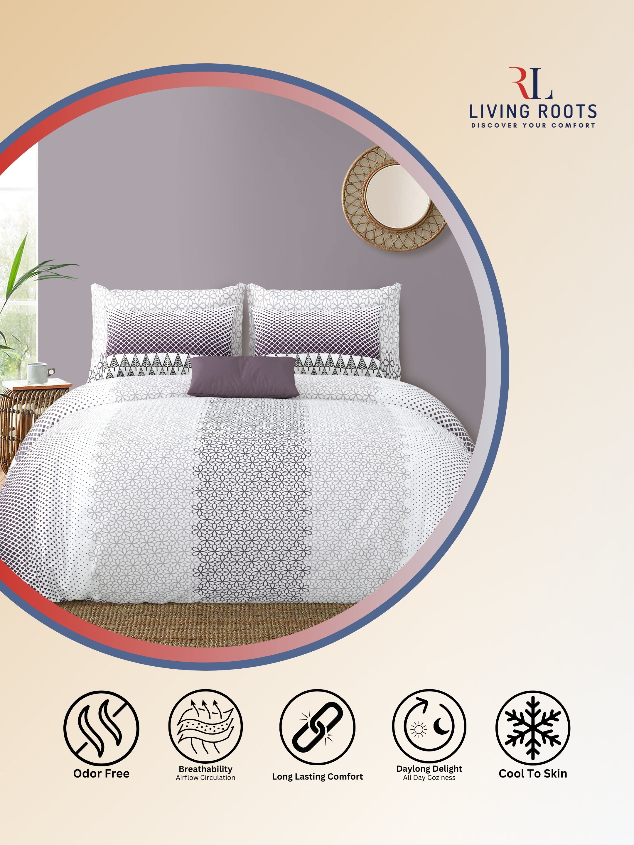 LIVING ROOTS Jaipuri Hand Block Print Double King Cotton Bedsheet 86*104 Inches (7.1*8.6 Feet) With 2 Pillow Cover | 220 TC |  Rich Fast Colour With No Colour Bleeding (494-C) (White)
