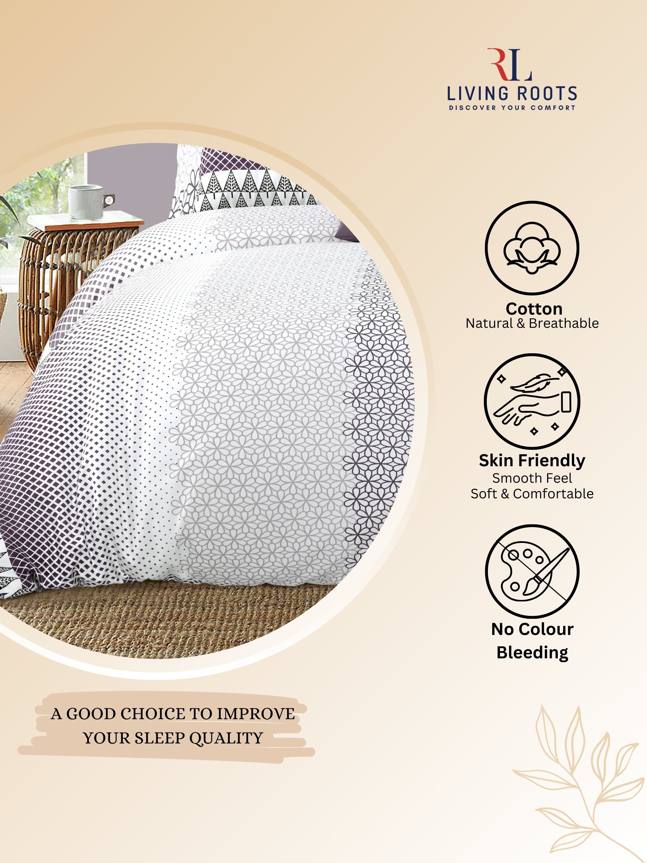 LIVING ROOTS Jaipuri Hand Block Print Double King Cotton Bedsheet 86*104 Inches (7.1*8.6 Feet) With 2 Pillow Cover | 220 TC |  Rich Fast Colour With No Colour Bleeding (494-C) (White)
