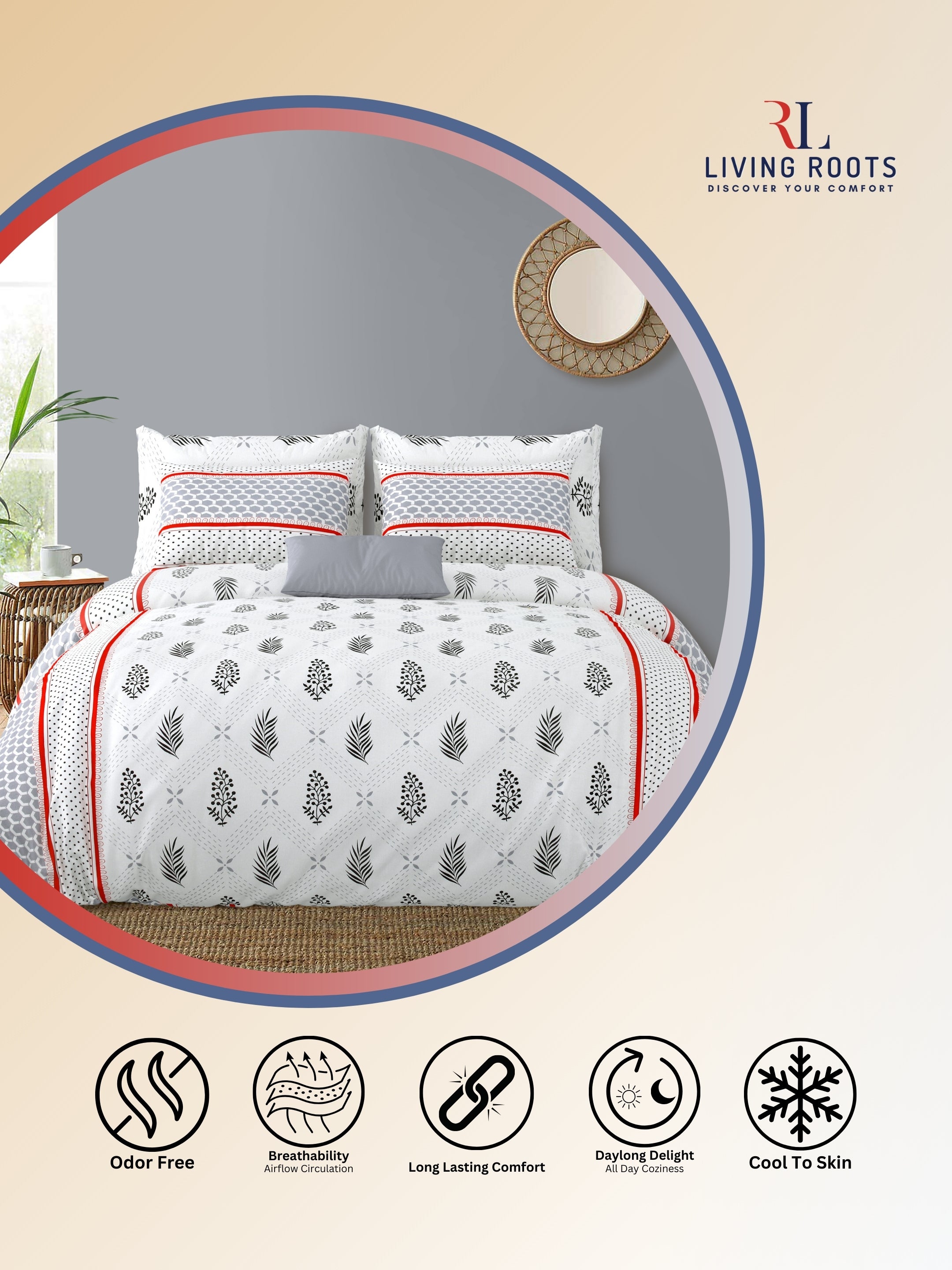 LIVING ROOTS Jaipuri Hand Block Print Double King Cotton Bedsheet 86*104 Inches (7.1*8.6 Feet) With 2 Pillow Cover | 220 TC |  Rich Fast Colour With No Colour Bleeding (495-C) (White)
