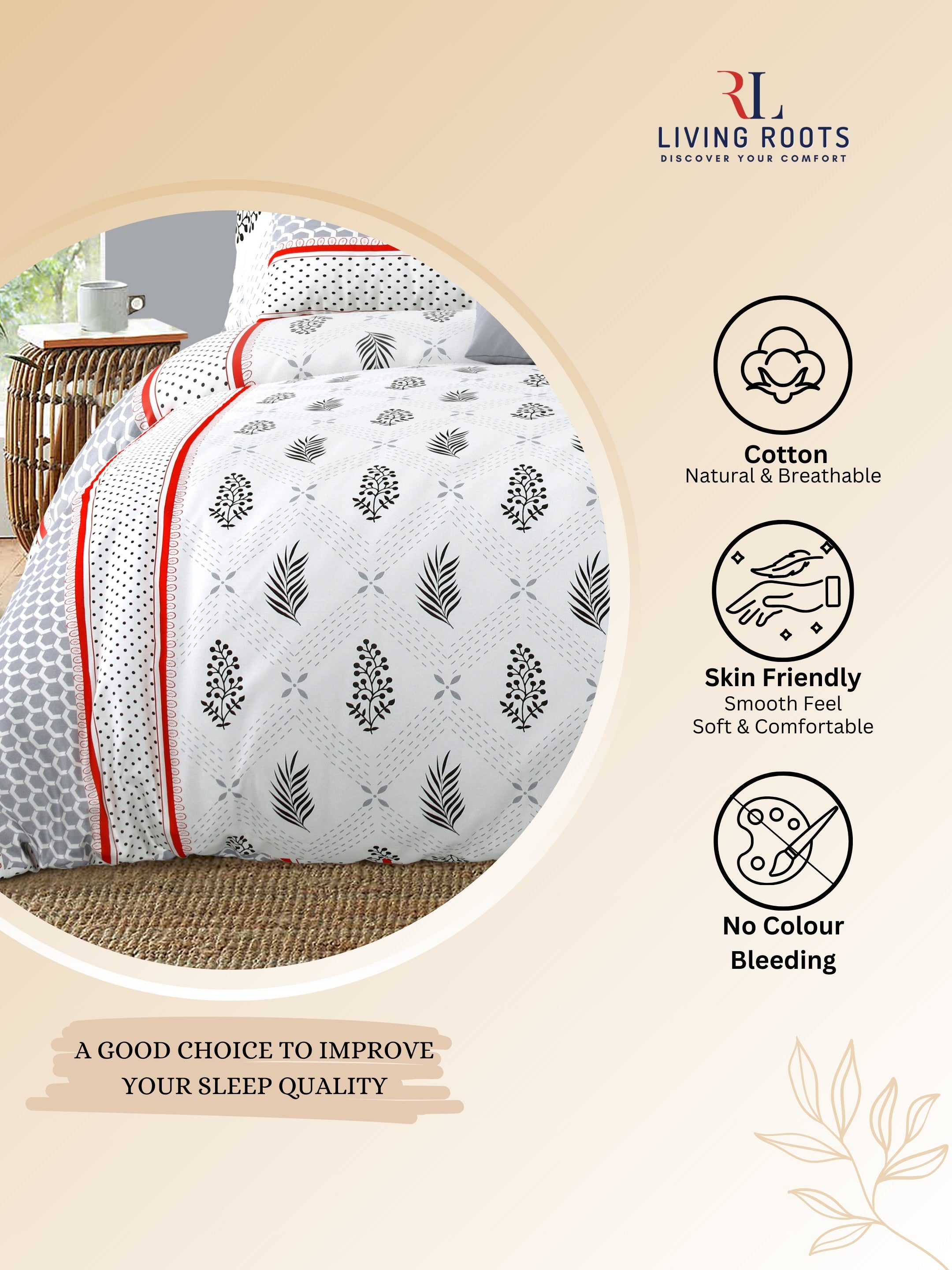 LIVING ROOTS Jaipuri Hand Block Print Double King Cotton Bedsheet 86*104 Inches (7.1*8.6 Feet) With 2 Pillow Cover | 220 TC |  Rich Fast Colour With No Colour Bleeding (495-C) (White)