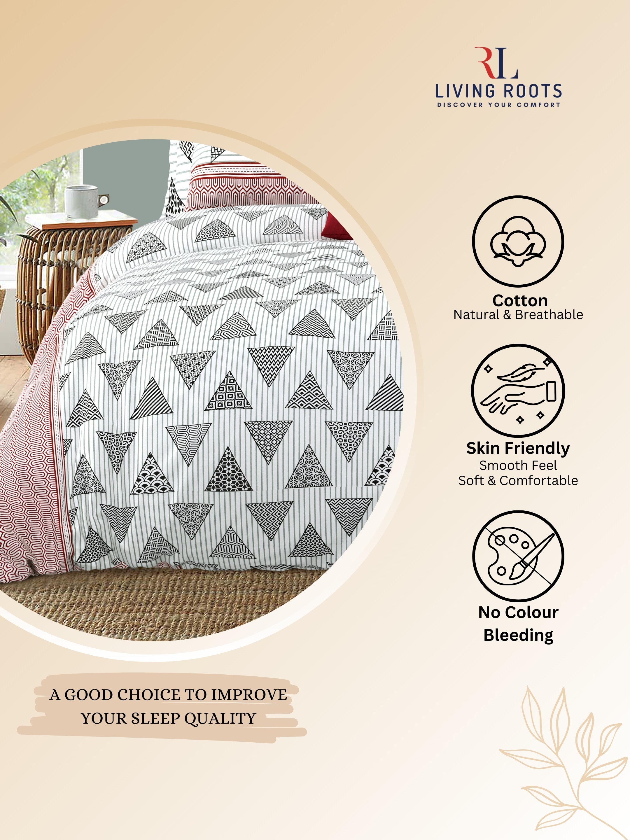 LIVING ROOTS Jaipuri Hand Block Print Double King Cotton Bedsheet 86*104 Inches (7.1*8.6 Feet) With 2 Pillow Cover | 220 TC |  Rich Fast Colour With No Colour Bleeding (496-B) (Grey)