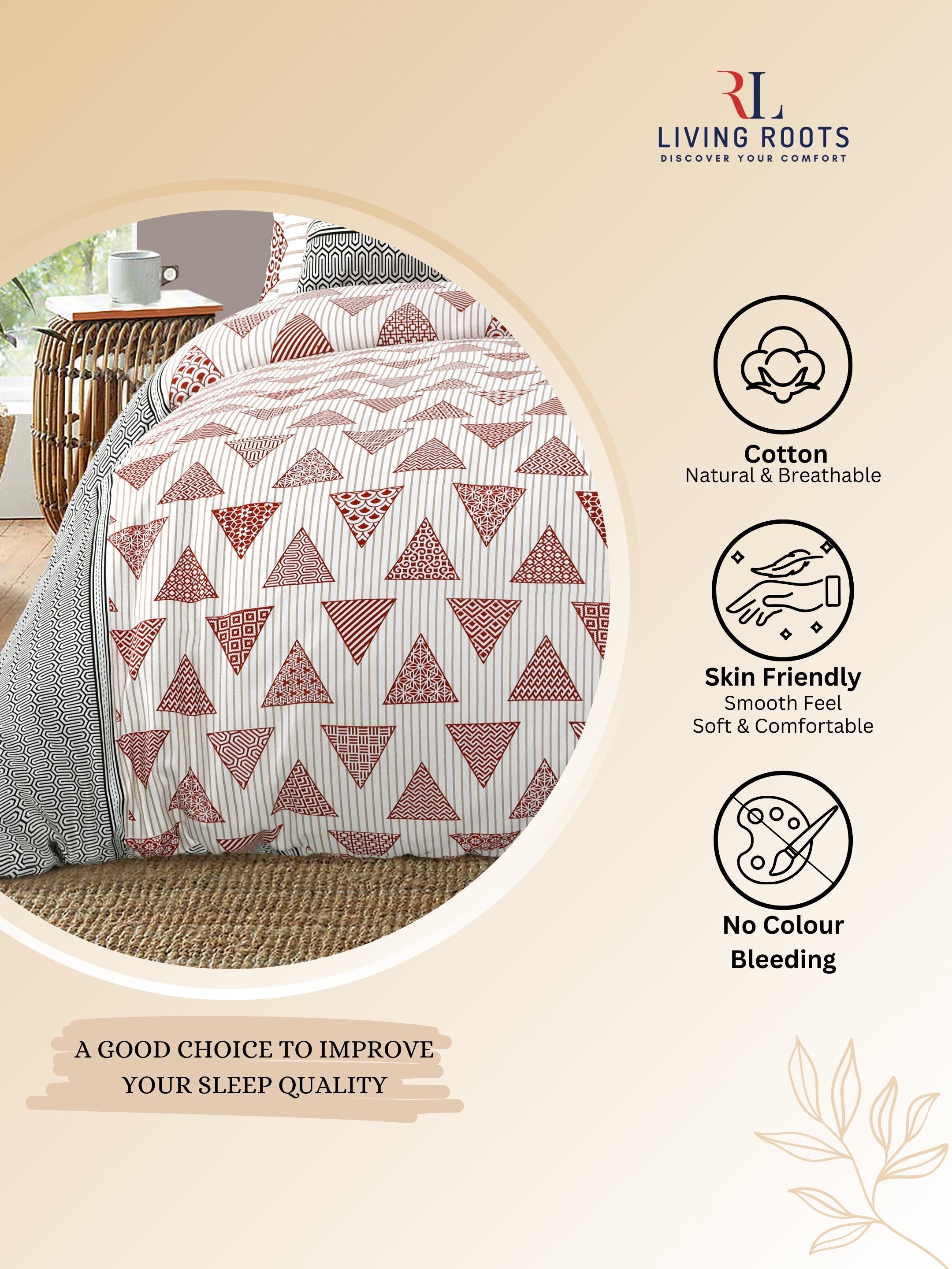 LIVING ROOTS Jaipuri Hand Block Print Double King Cotton Bedsheet 86*104 Inches (7.1*8.6 Feet) With 2 Pillow Cover | 220 TC | Rich Fast Colour With No Colour Bleeding (496-C)