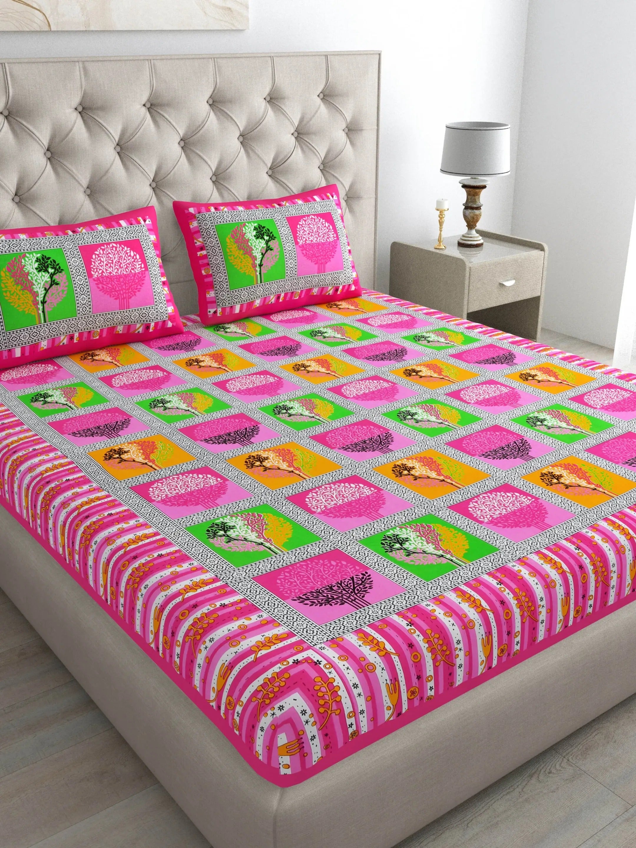 LIVING ROOTS Jaipuri Hand Block Print Queen Cotton Bedsheet 86*96 Inches (7*8 Feet) With 2 Pillow Cover | 140 TC |  Rich Fast Colour With No Colour Bleeding (497-A) (Pink)