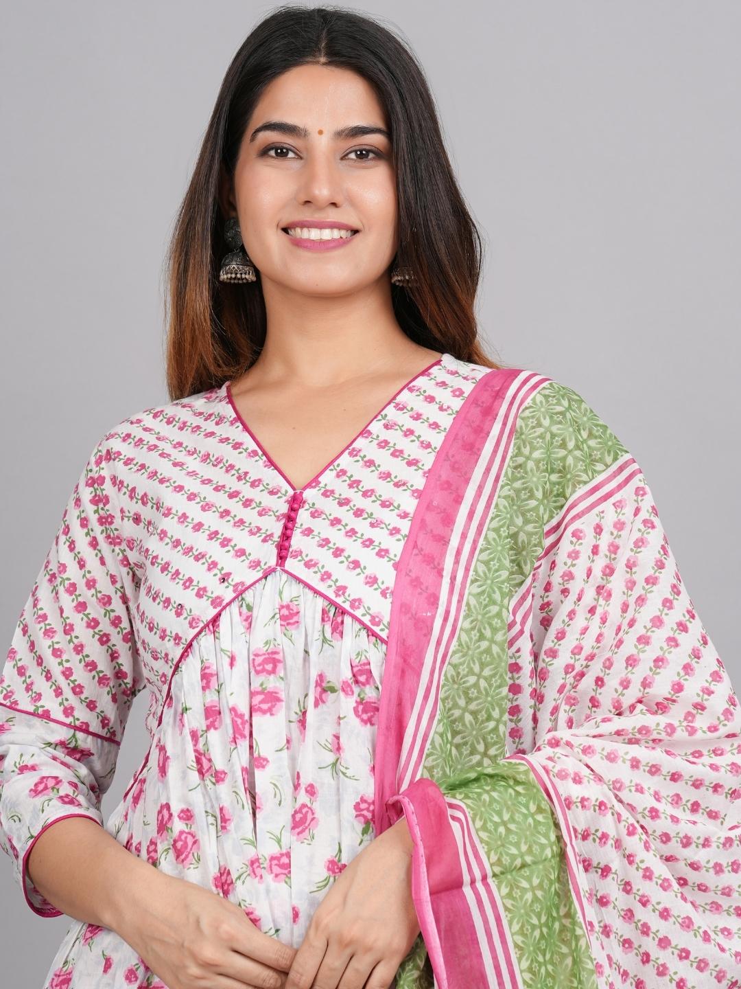 Block Printed Alia Cut Pink Pure Cotton 3 Piece Suit