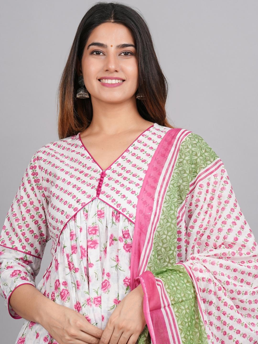 LIVING ROOTS Block Printed Alia Cut Pink Pure Cotton 3 Piece Suit (W-1PC-007-M)