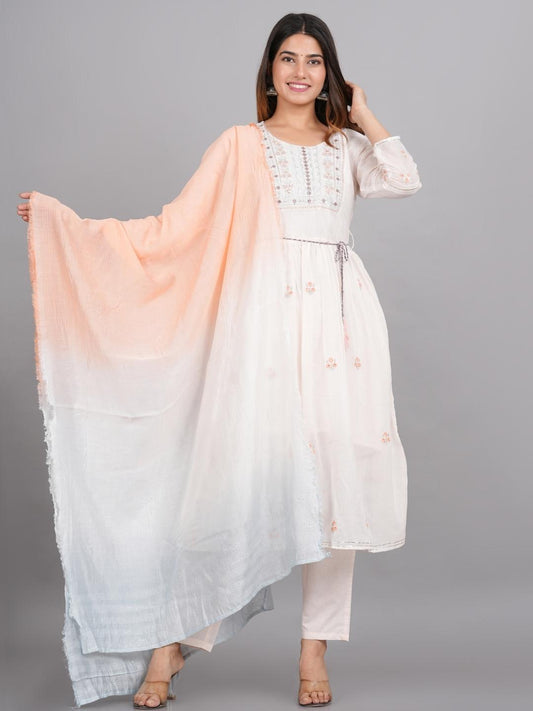 Women White Motifs Embroidered Pure Cotton-3 Piece