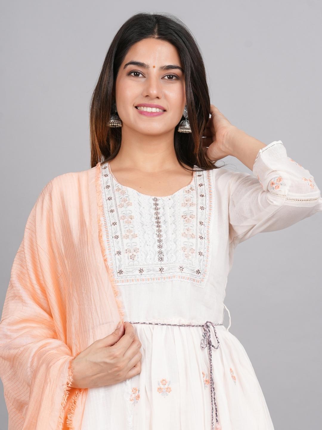 Women White Motifs Embroidered Pure Cotton-3 Piece