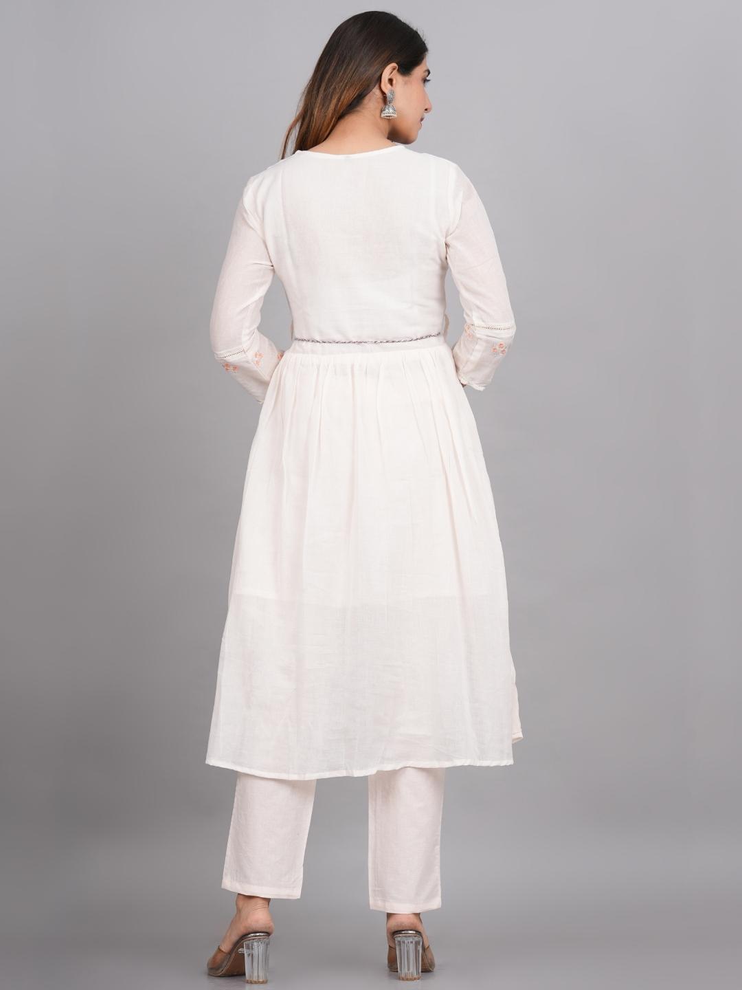 Women White Motifs Embroidered Pure Cotton-3 Piece