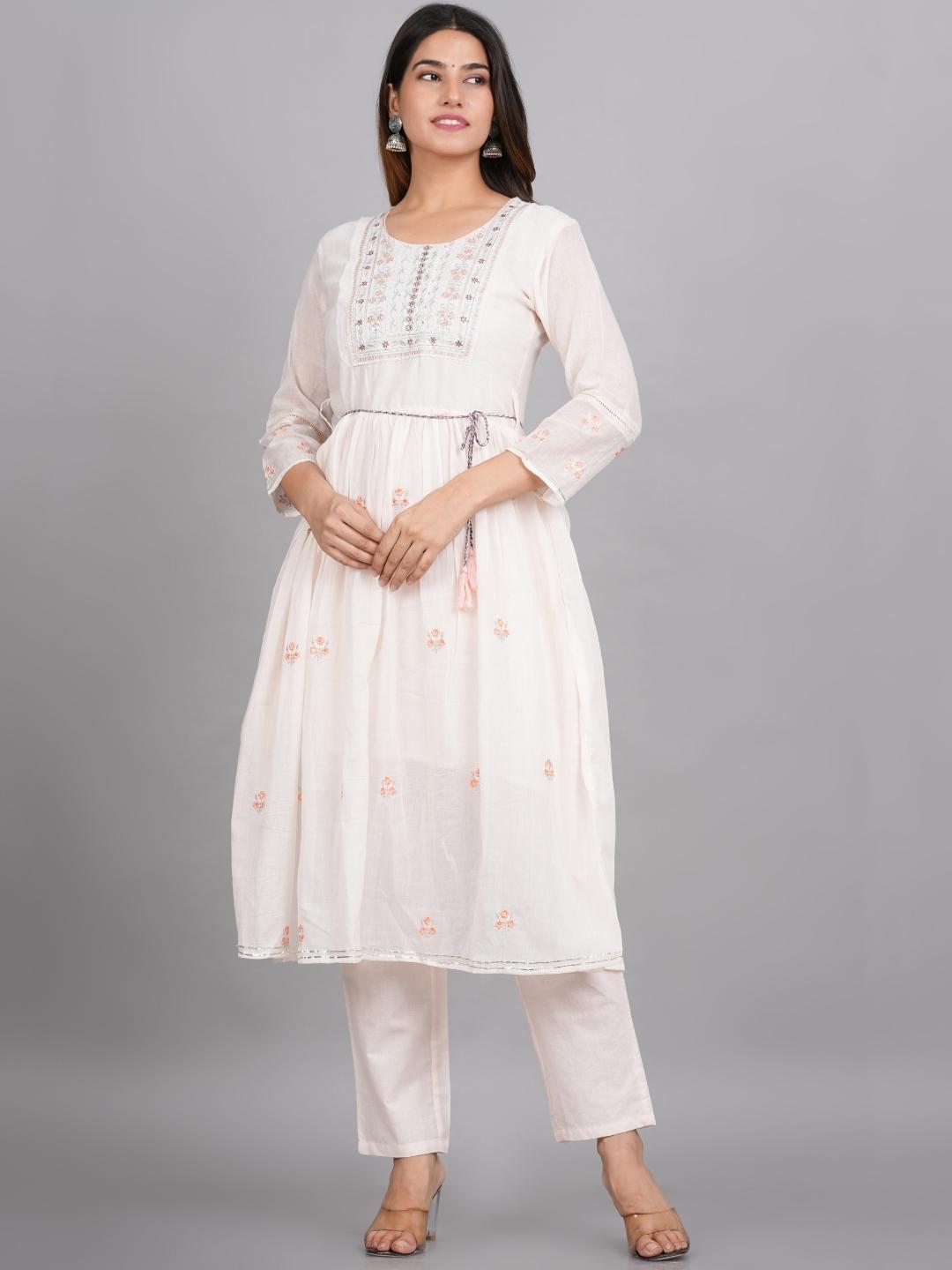 Women White Motifs Embroidered Pure Cotton-3 Piece