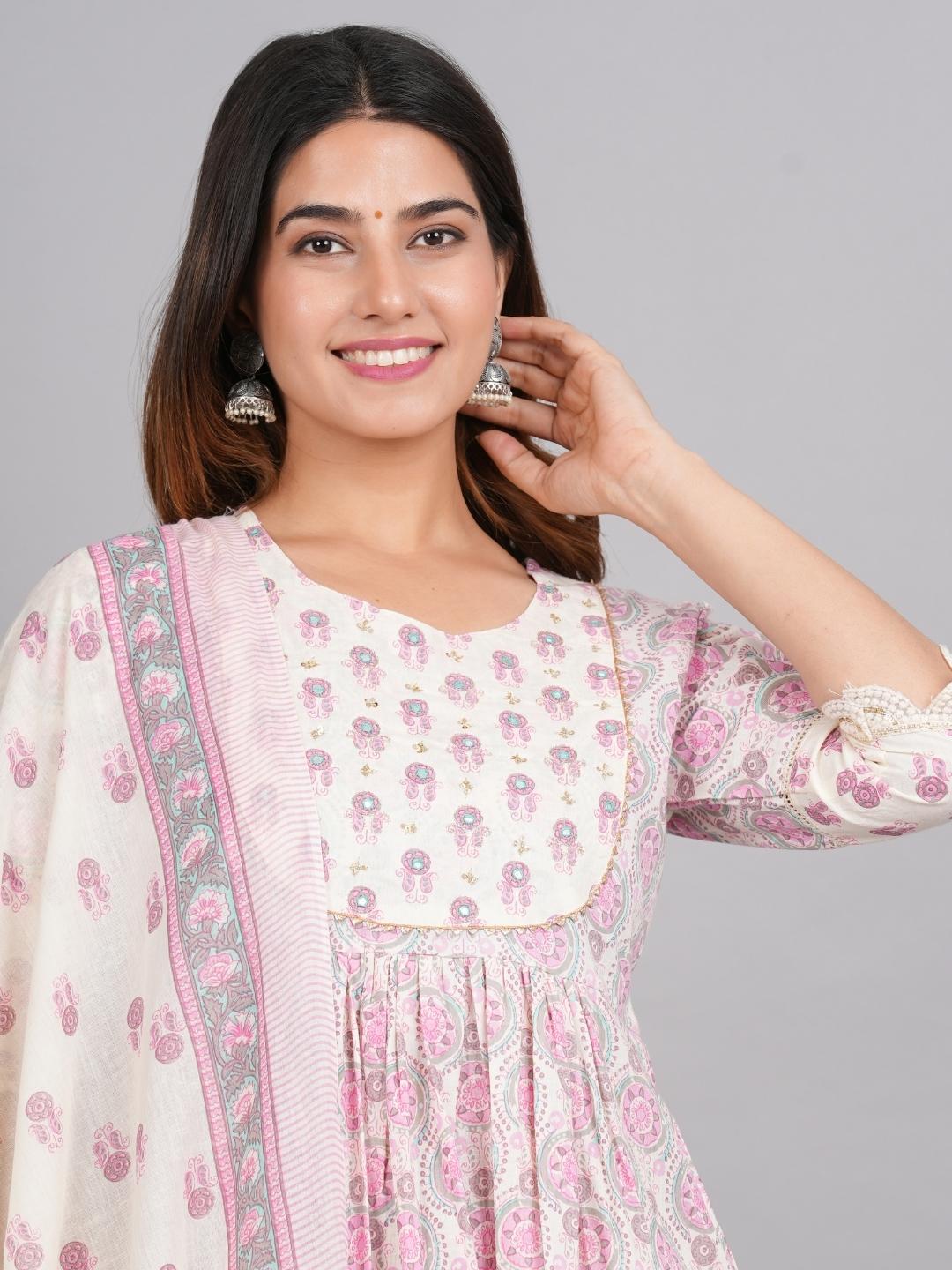 LIVING ROOTS Block Printed Pink Pure Cotton 3 Piece Suit (W-1PC-004-M)