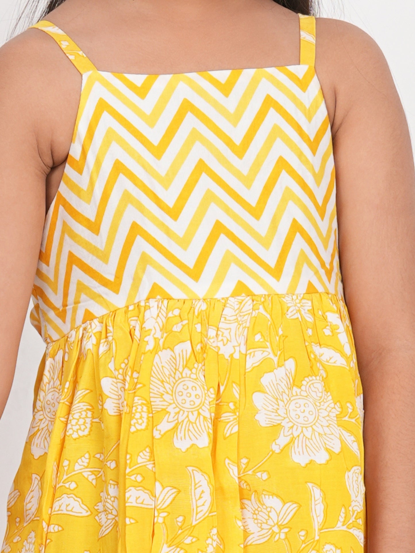 LIVING ROOTS Block Print Yellow Fit and Flare Dress for Girls (G-1PC-013-3-4Y)