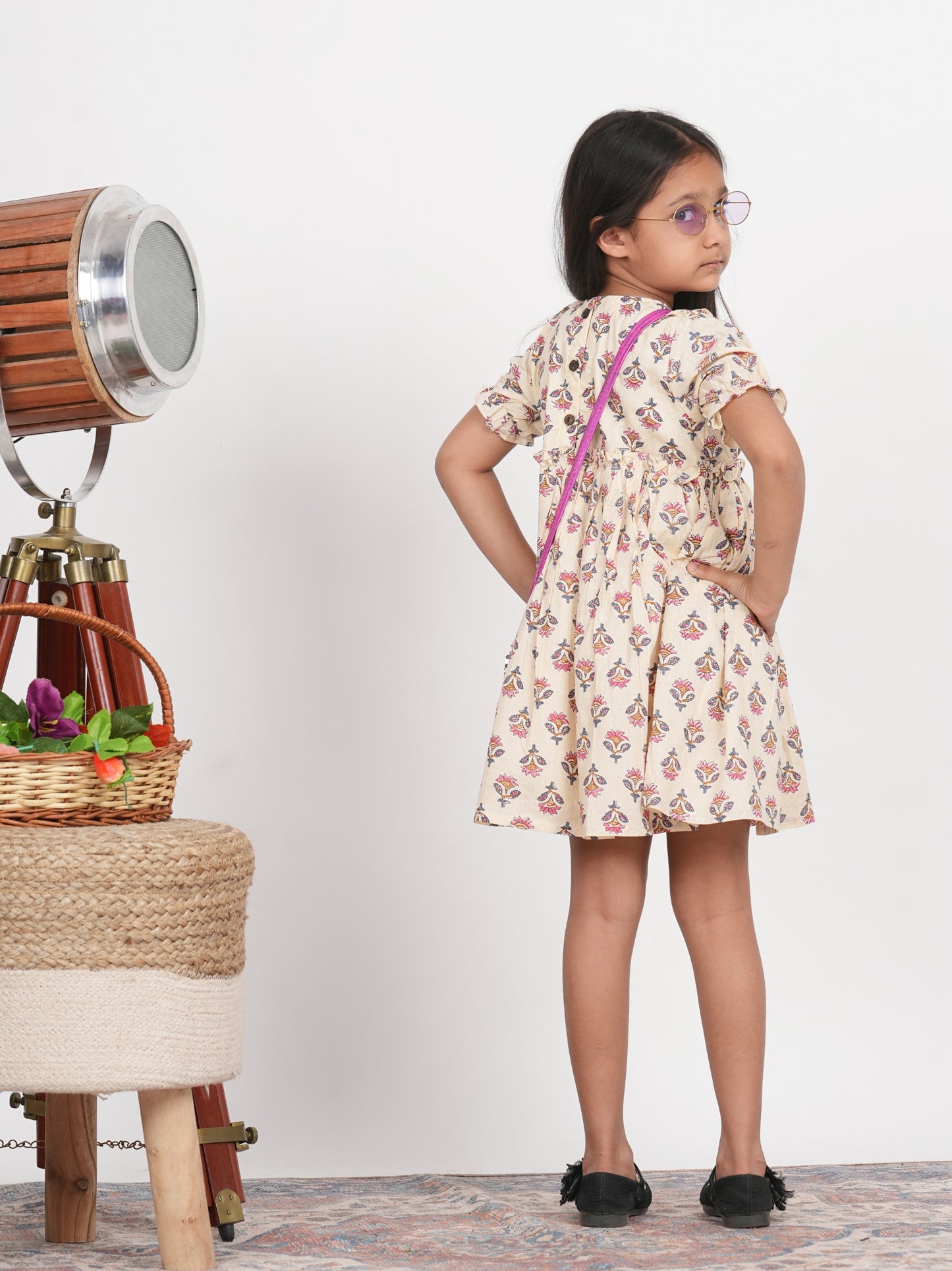 LIVING ROOTS Block Print Cream Collar Dress for Girls (G-1PC-017-3-4Y)