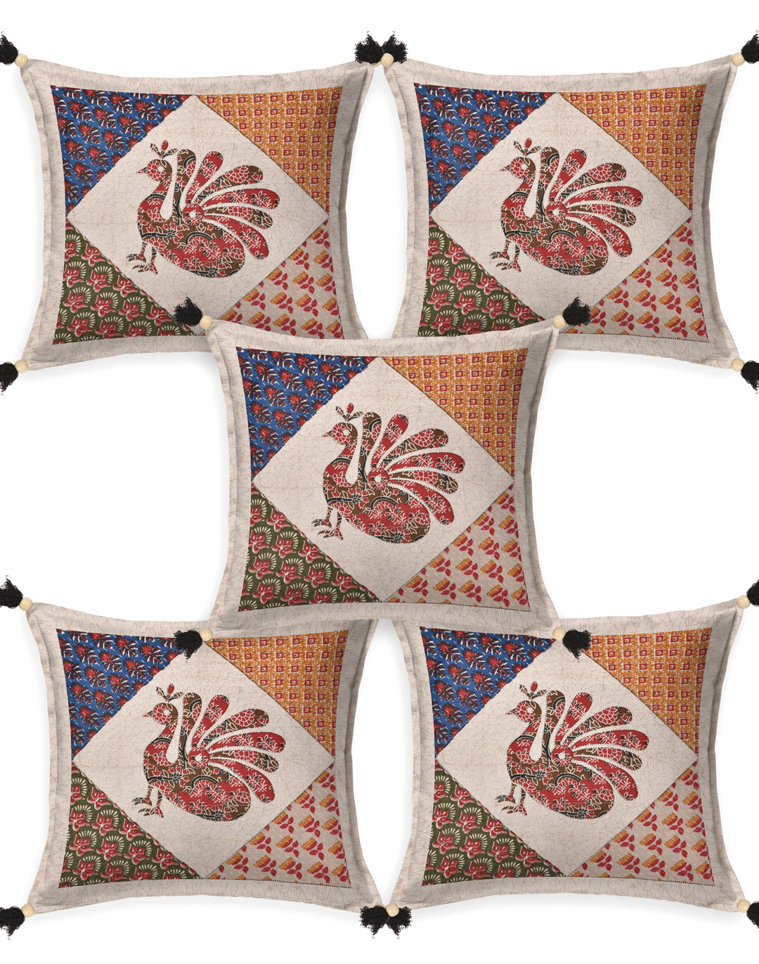 Living Roots Peacock Patchwork Cotton Cushion Cover- Set of 5 (40-018-A)