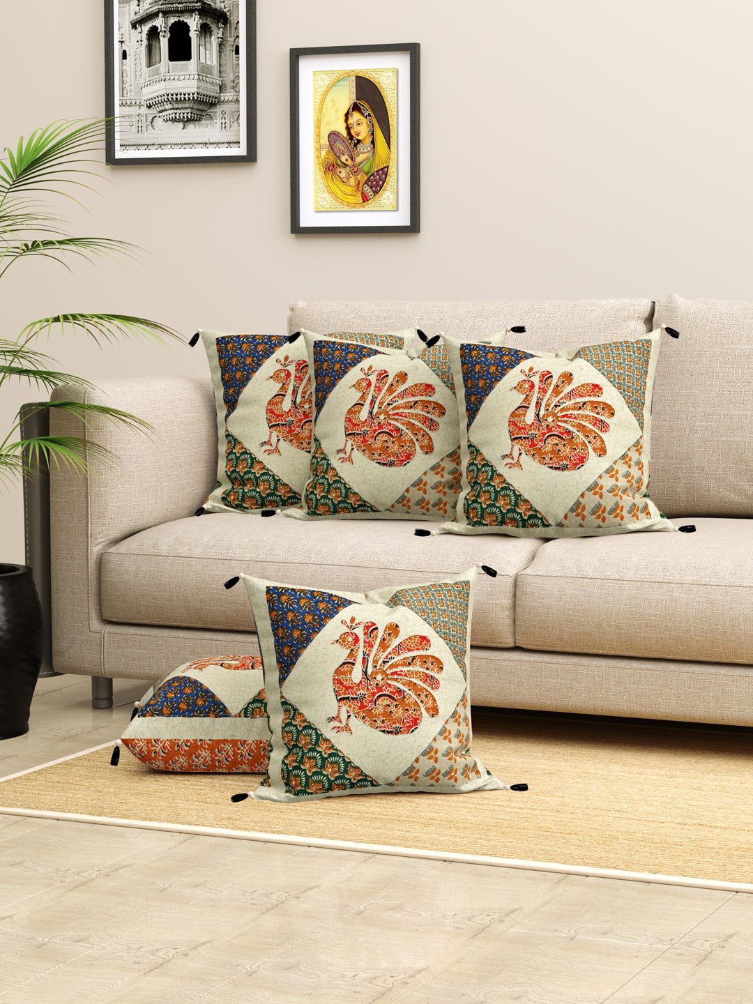 Living Roots Floral Red Orange Patchwork Cotton Cushion Cover- Set of 5 (40-019-A)