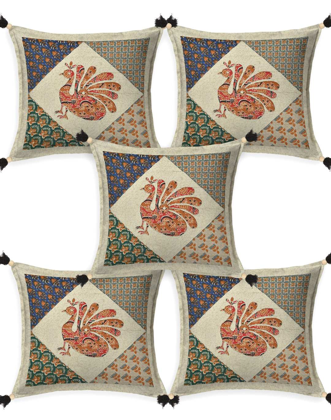 Peacock Patchwork Cotton Cushion Cover- Set of 5