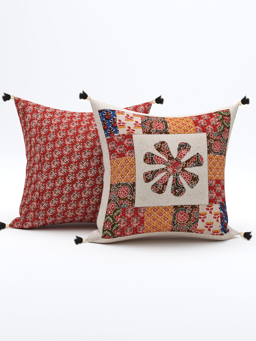 Living Roots Floral Red Orange Patchwork Cotton Cushion Cover- Set of 5 (40-019-A)