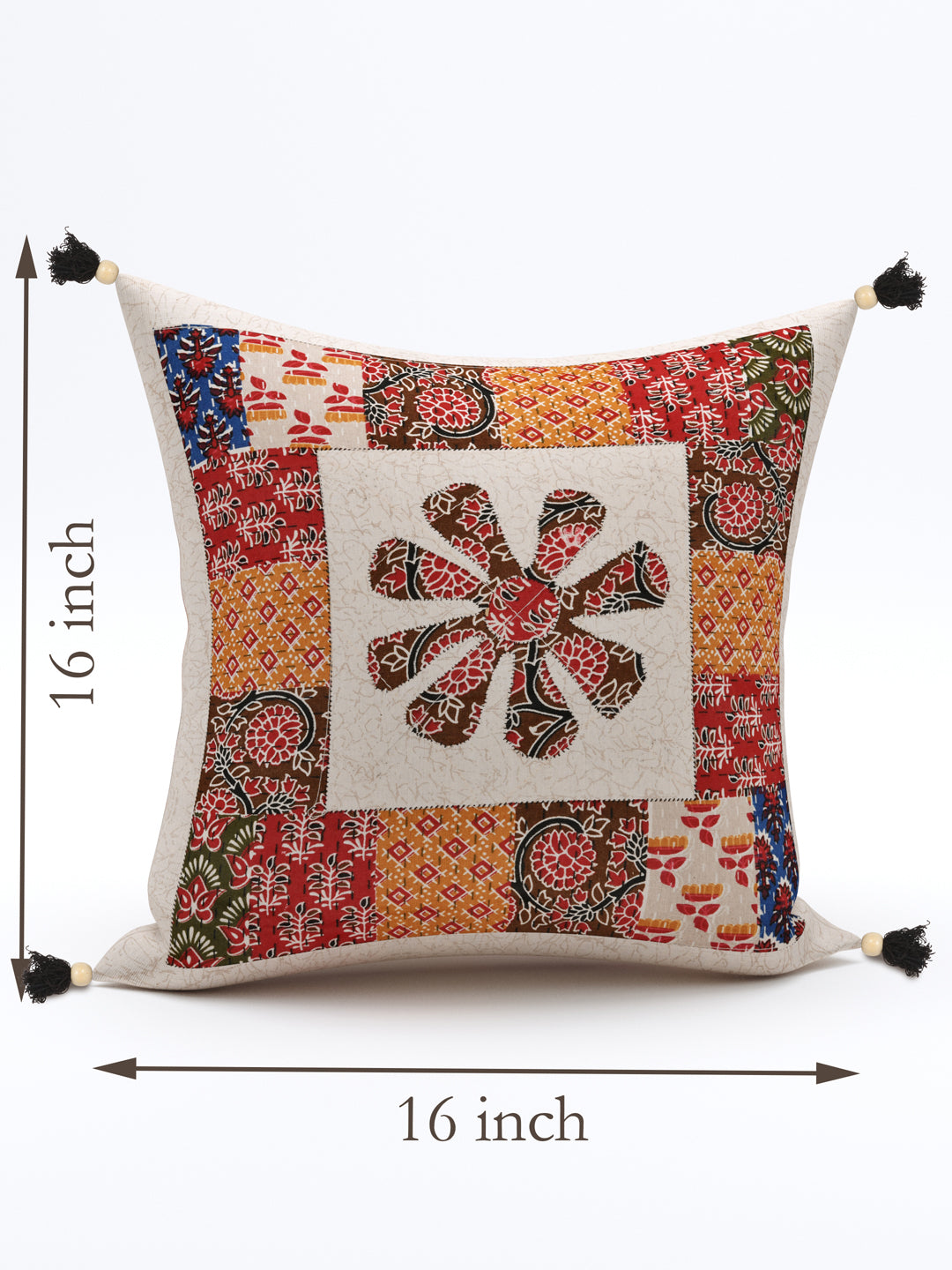 Living Roots Floral Red Orange Patchwork Cotton Cushion Cover- Set of 5 (40-019-A)