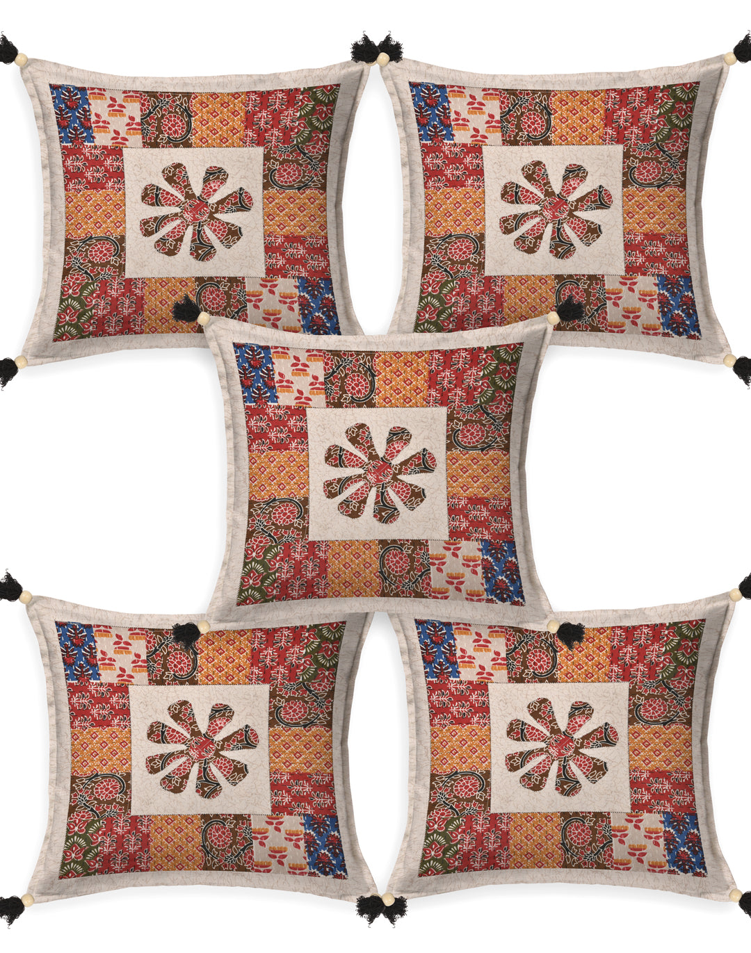 Living Roots Floral Red Orange Patchwork Cotton Cushion Cover- Set of 5 (40-019-A)