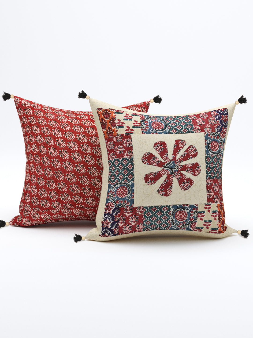 Living Roots Floral Red & Grey Patchwork Cotton Cushion Cover- Set of 5 (40-019-B)