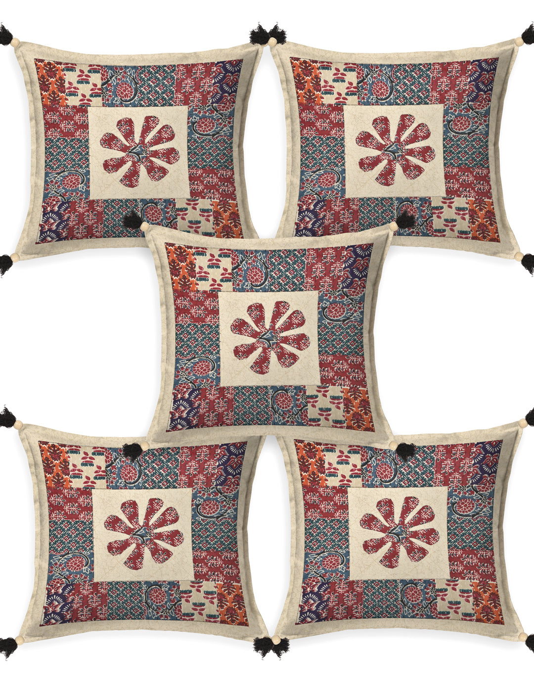 Living Roots Floral Red & Grey Patchwork Cotton Cushion Cover- Set of 5 (40-019-B)