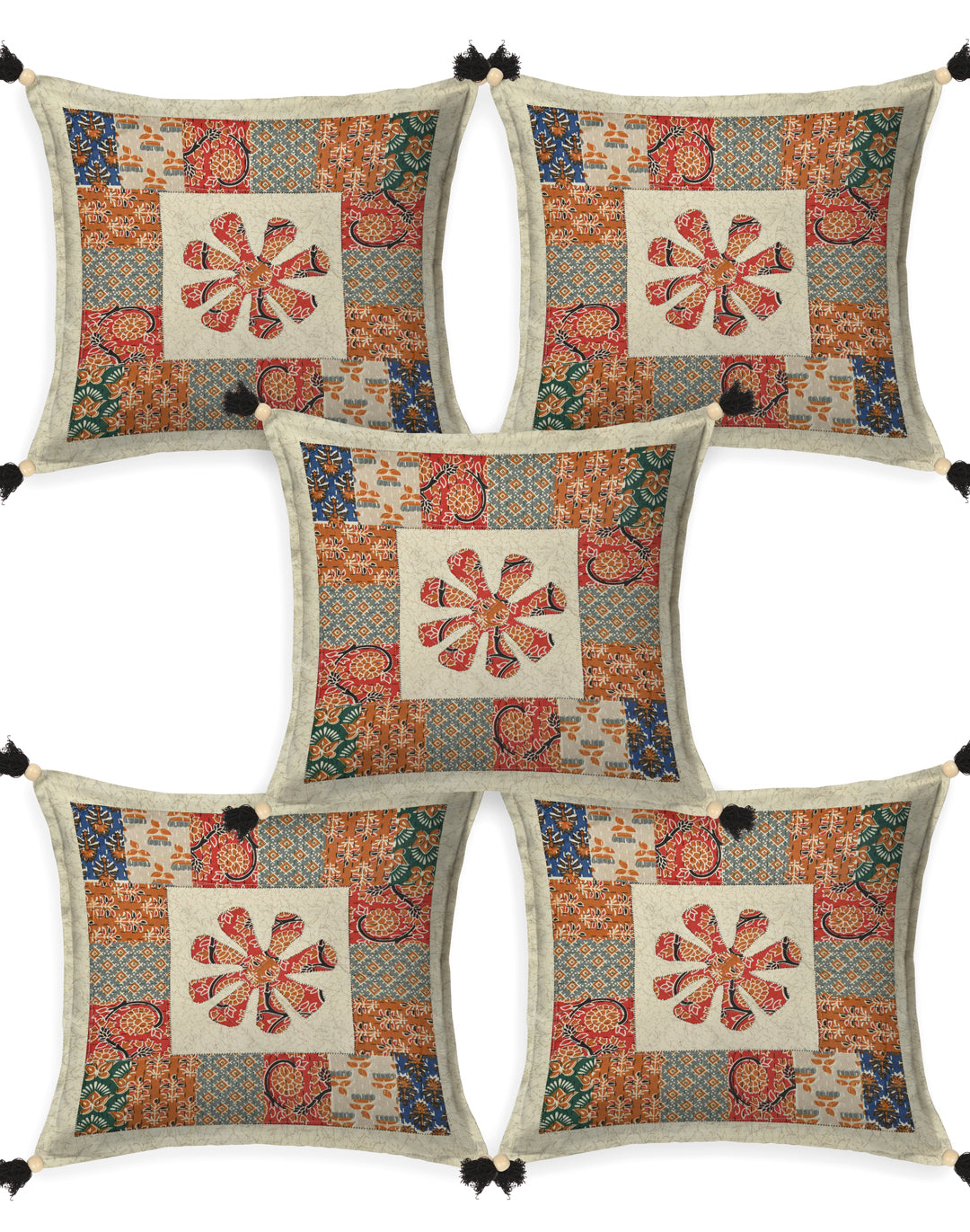 Living Roots Floral Orange & Green Patchwork Cotton Cushion Cover- Set of 5 (40-019-C)