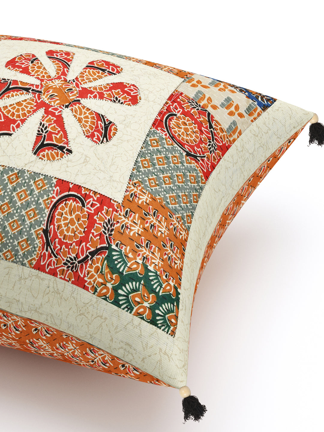 Living Roots Floral Orange & Green Patchwork Cotton Cushion Cover- Set of 5 (40-019-C)