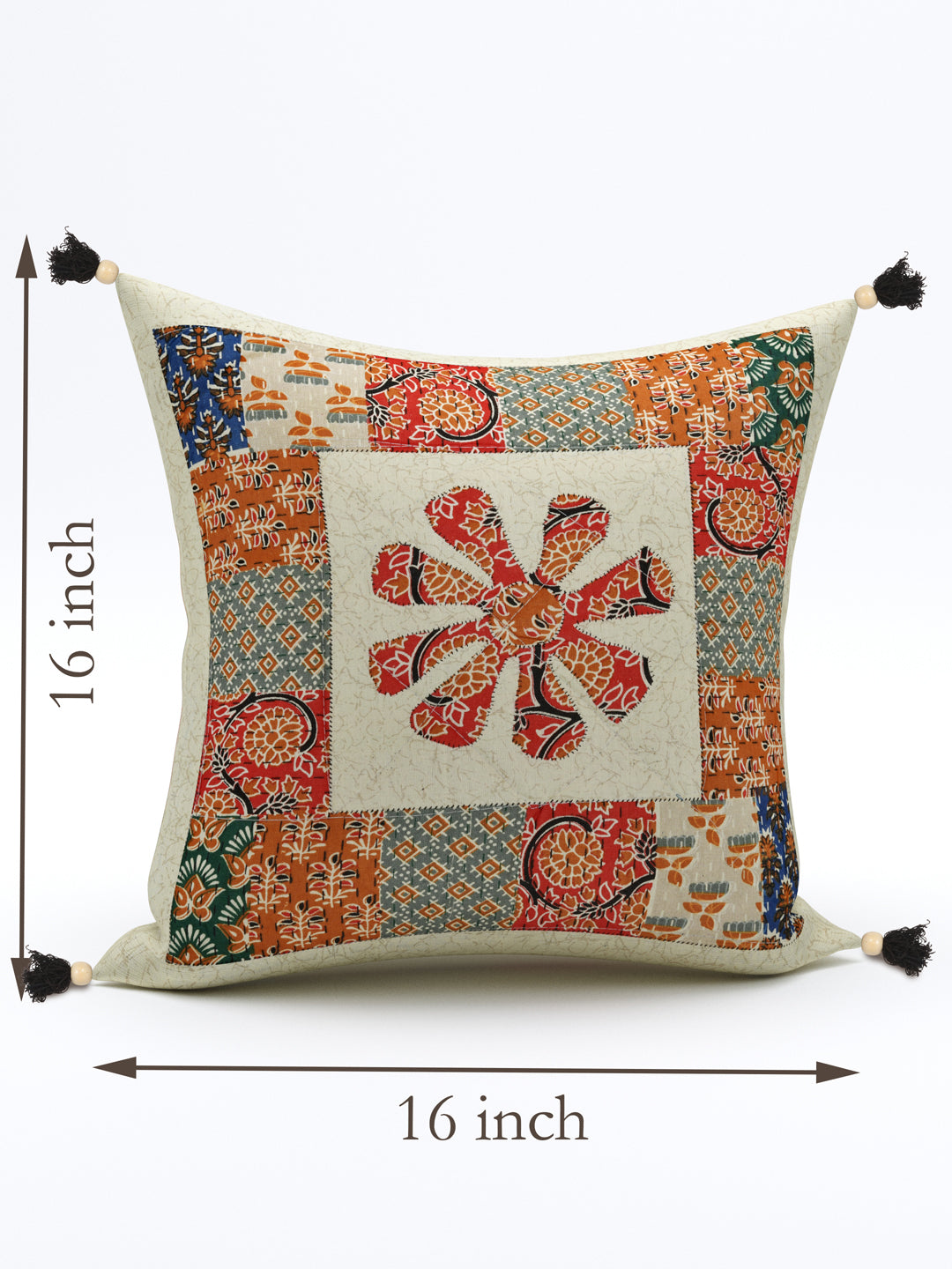 Living Roots Floral Orange & Green Patchwork Cotton Cushion Cover- Set of 5 (40-019-C)