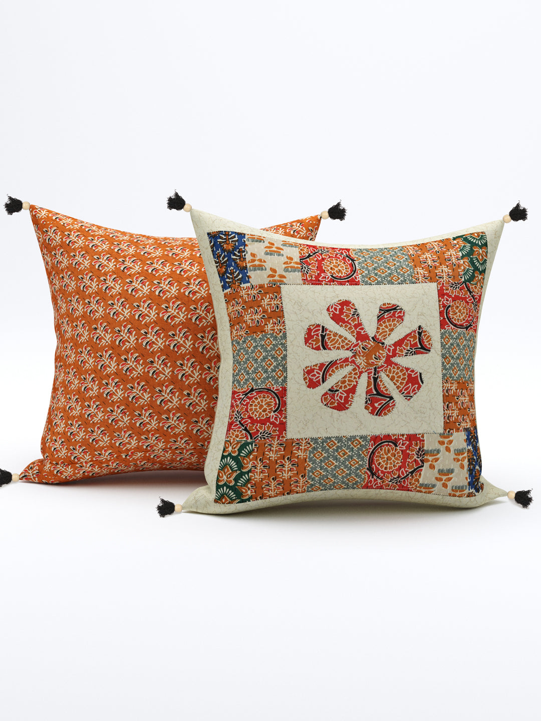 Living Roots Floral Orange & Green Patchwork Cotton Cushion Cover- Set of 5 (40-019-C)