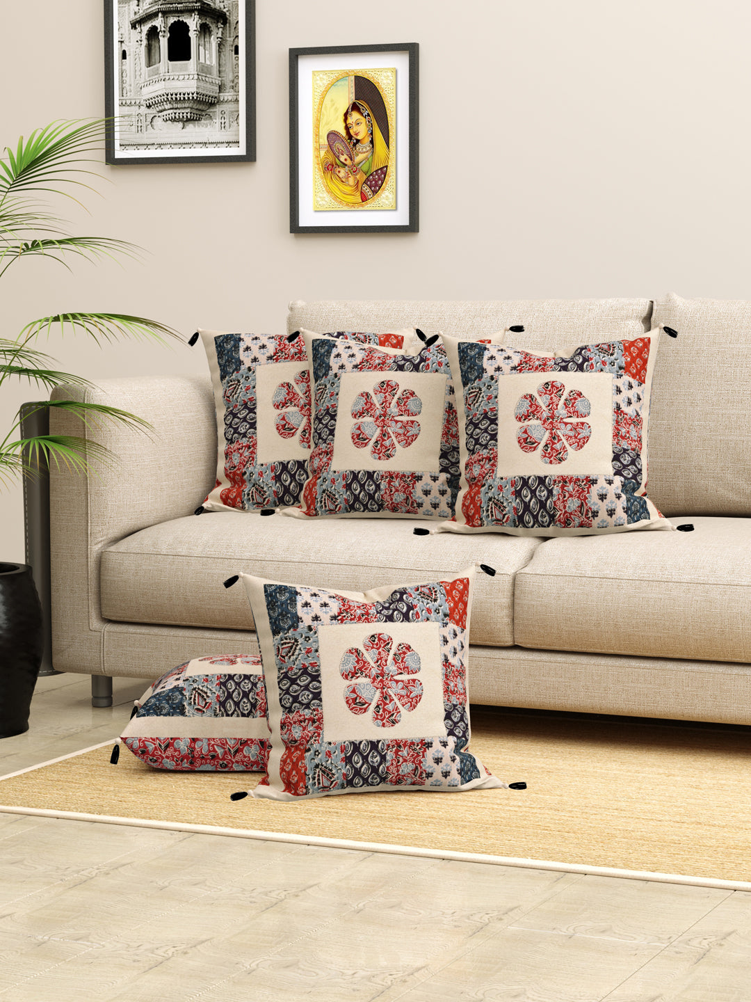 Living Roots Floral Red & Blue Patchwork Cotton Cushion Cover- Set of 5 (40-019-D)