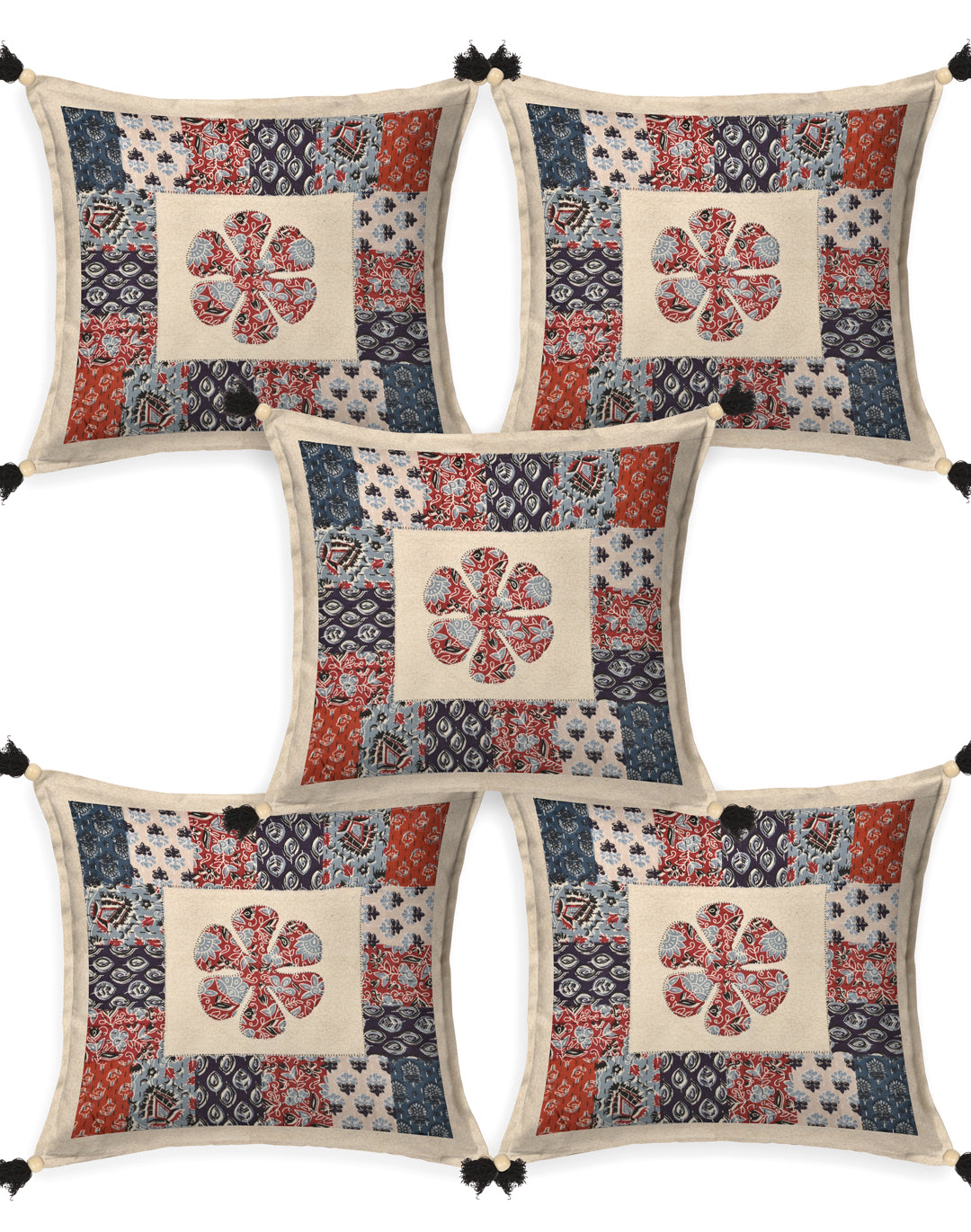 Floral Red & Blue Patchwork Cotton Cushion Cover- Set of 5