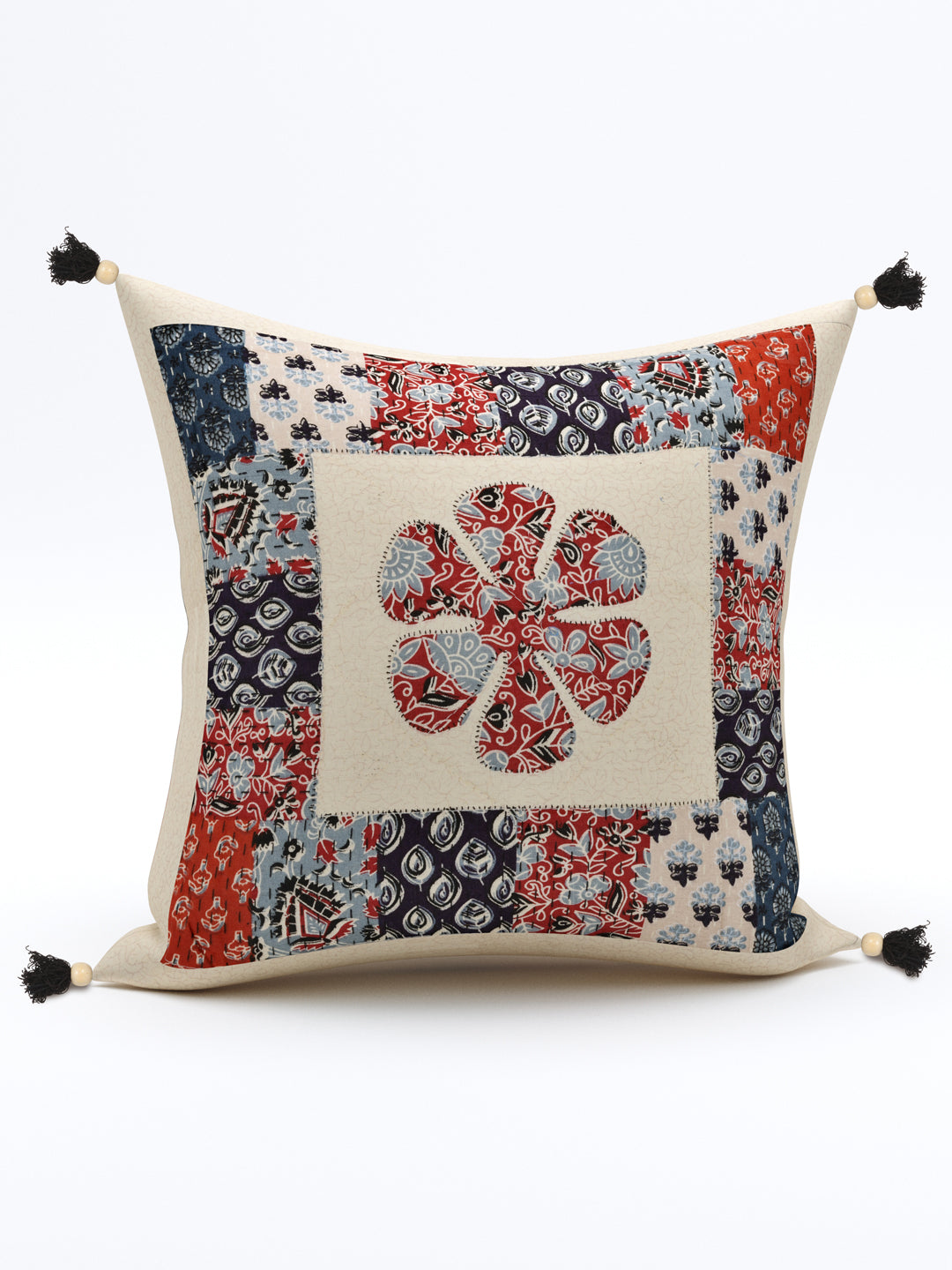 Floral Red & Blue Patchwork Cotton Cushion Cover- Set of 5