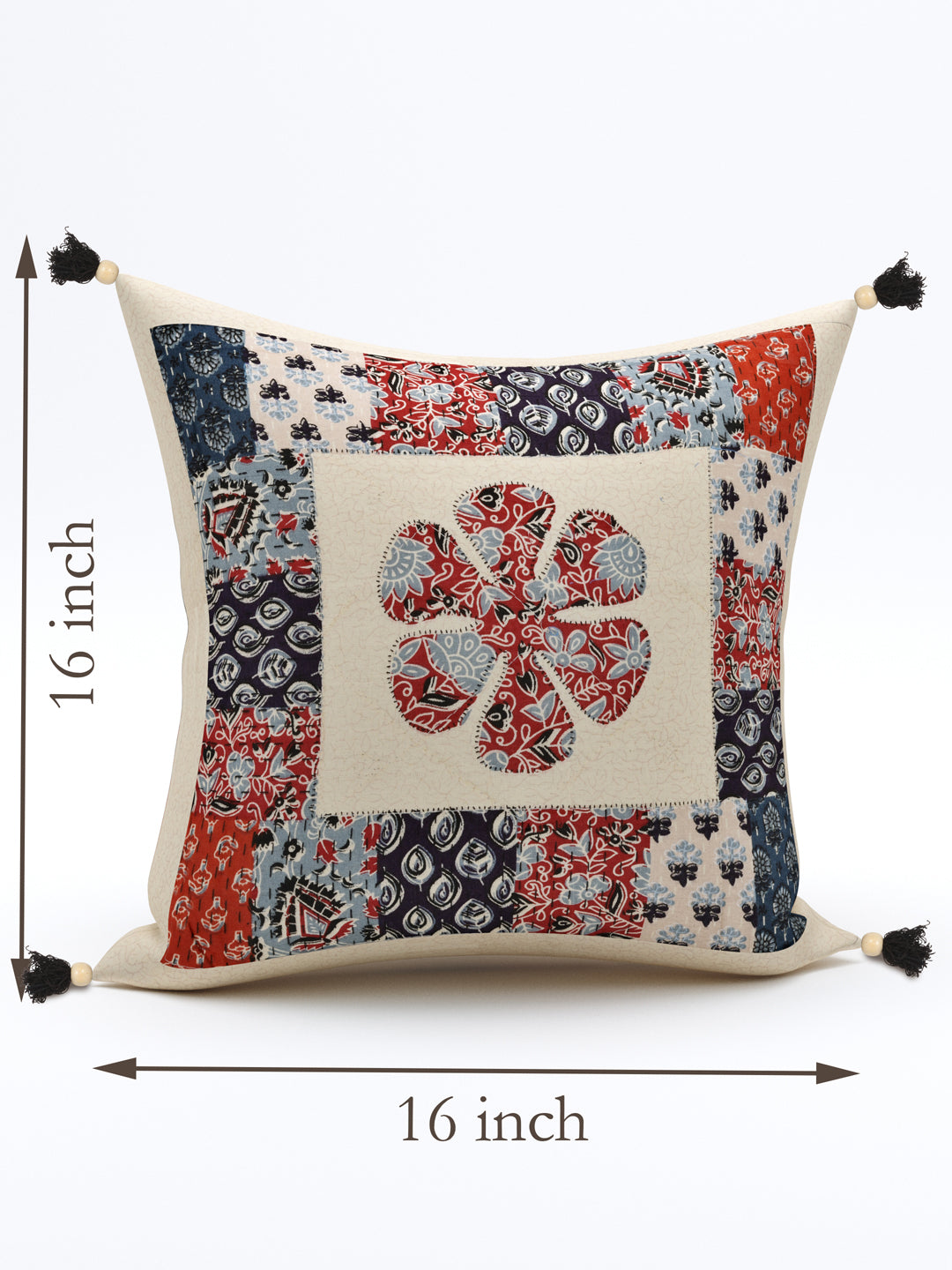 Floral Red & Blue Patchwork Cotton Cushion Cover- Set of 5