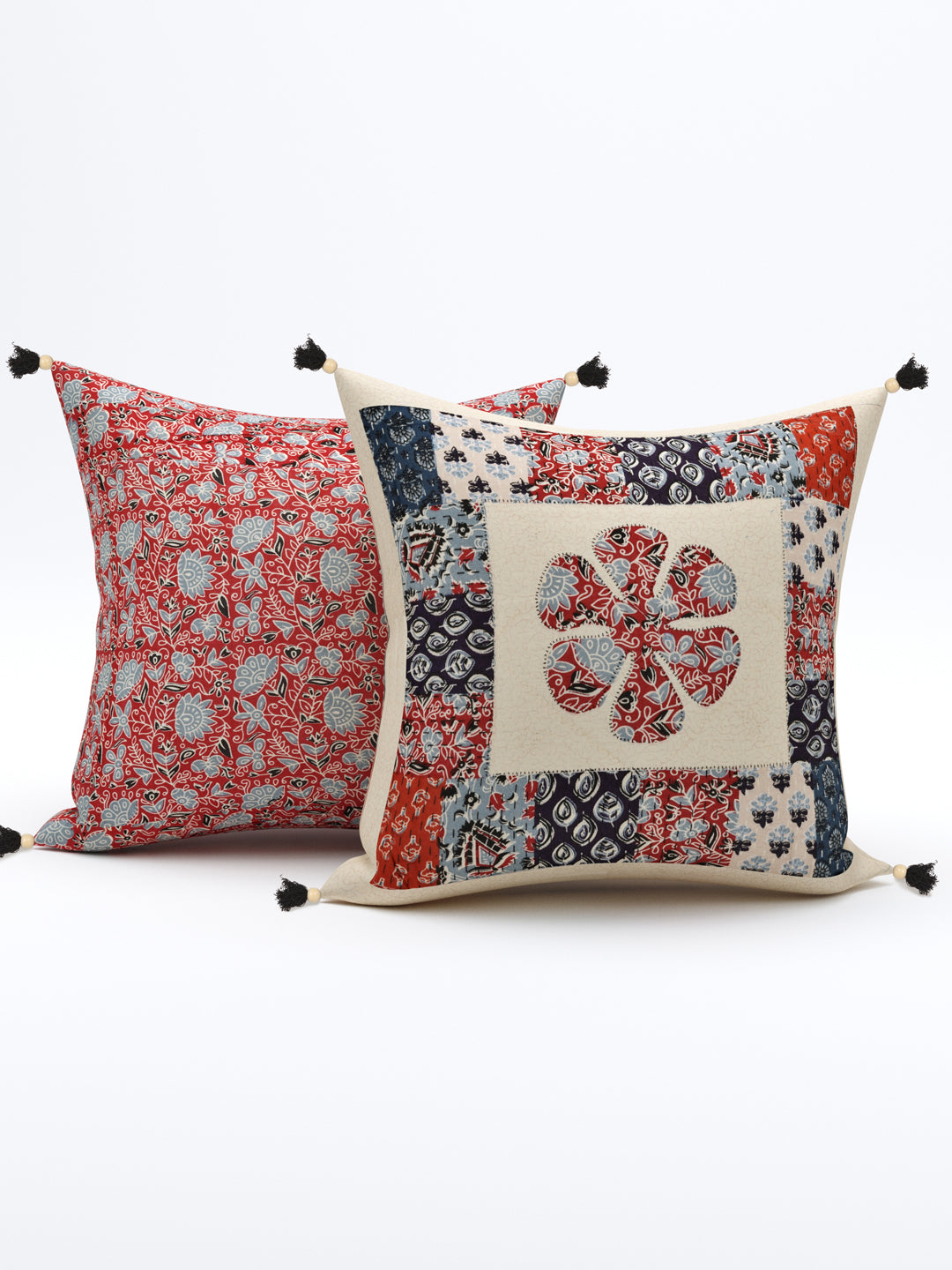 Floral Red & Blue Patchwork Cotton Cushion Cover- Set of 5