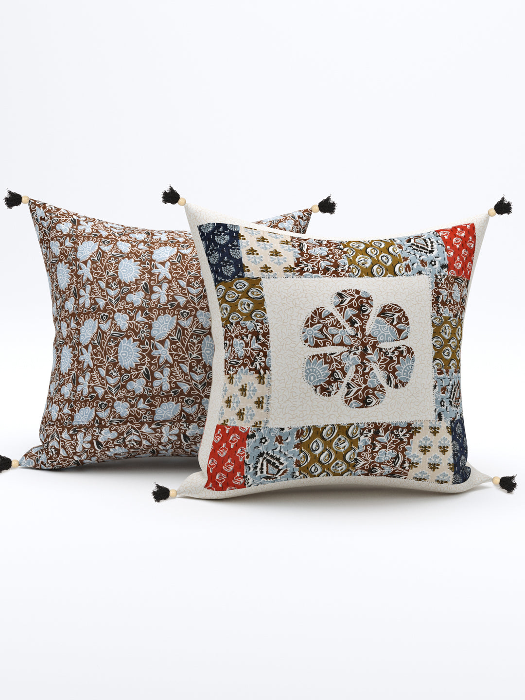 Living Roots Floral Red & Green Patchwork Cotton Cushion Cover- Set of 5 (40-019-E)