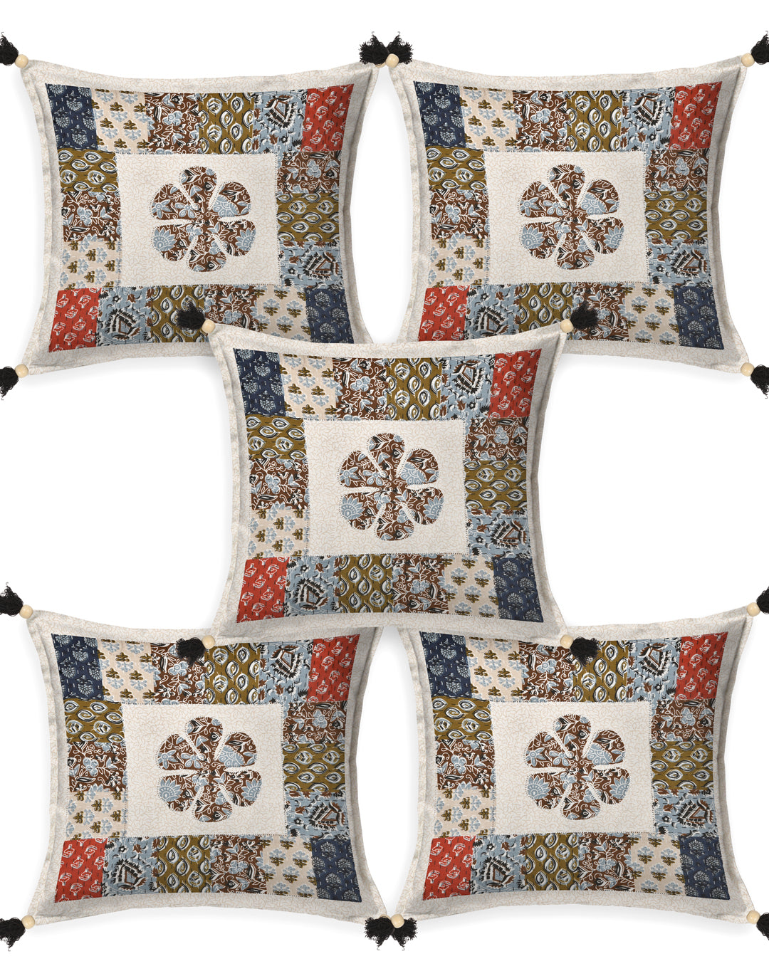 Living Roots Floral Red & Green Patchwork Cotton Cushion Cover- Set of 5 (40-019-E)