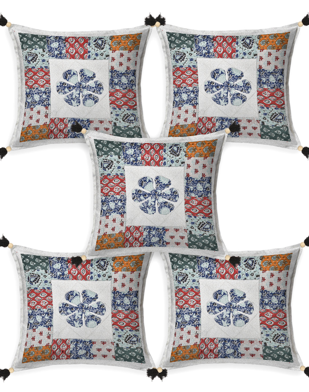 Living Roots Floral Blue & White Patchwork Cotton Cushion Cover- Set of 5 (40-019-F)